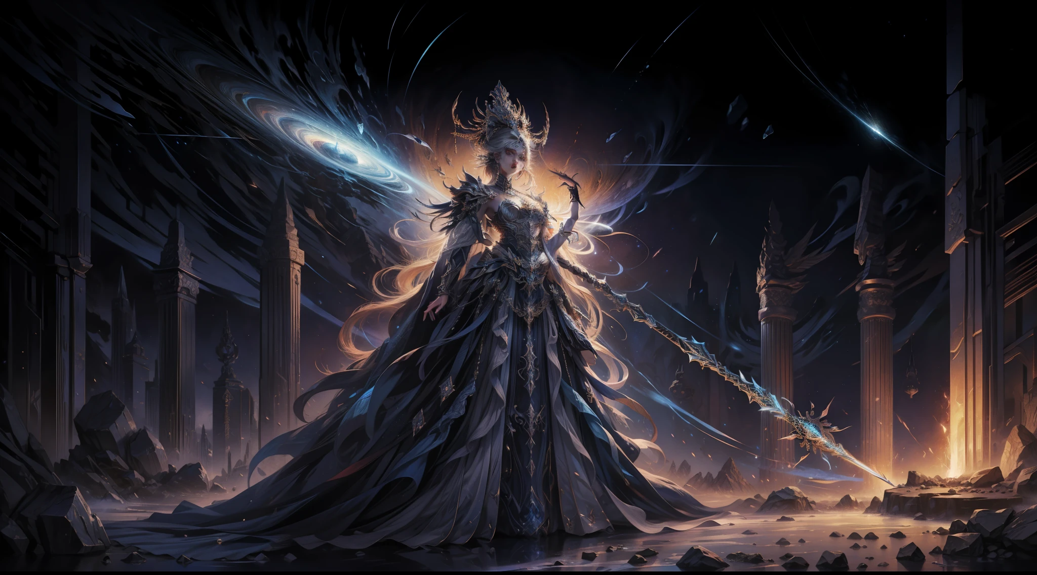 Zoom in on a goddess, she's beautiful and resplendent, her regal demeanor exudes power and wisdom, adorned in armor decorated with intricate engravings and precious gems, standing at the edge of a celestial battlefield with stars colliding in the backdrop, wielding a celestial spear, her gaze is both fierce and compassionate, the environment showcases a cosmic clash of forces, blending light and darkness, conveying a sense of epic cosmic conflict, 3D Artwork, rendered with high-definition textures and dynamic lighting effects