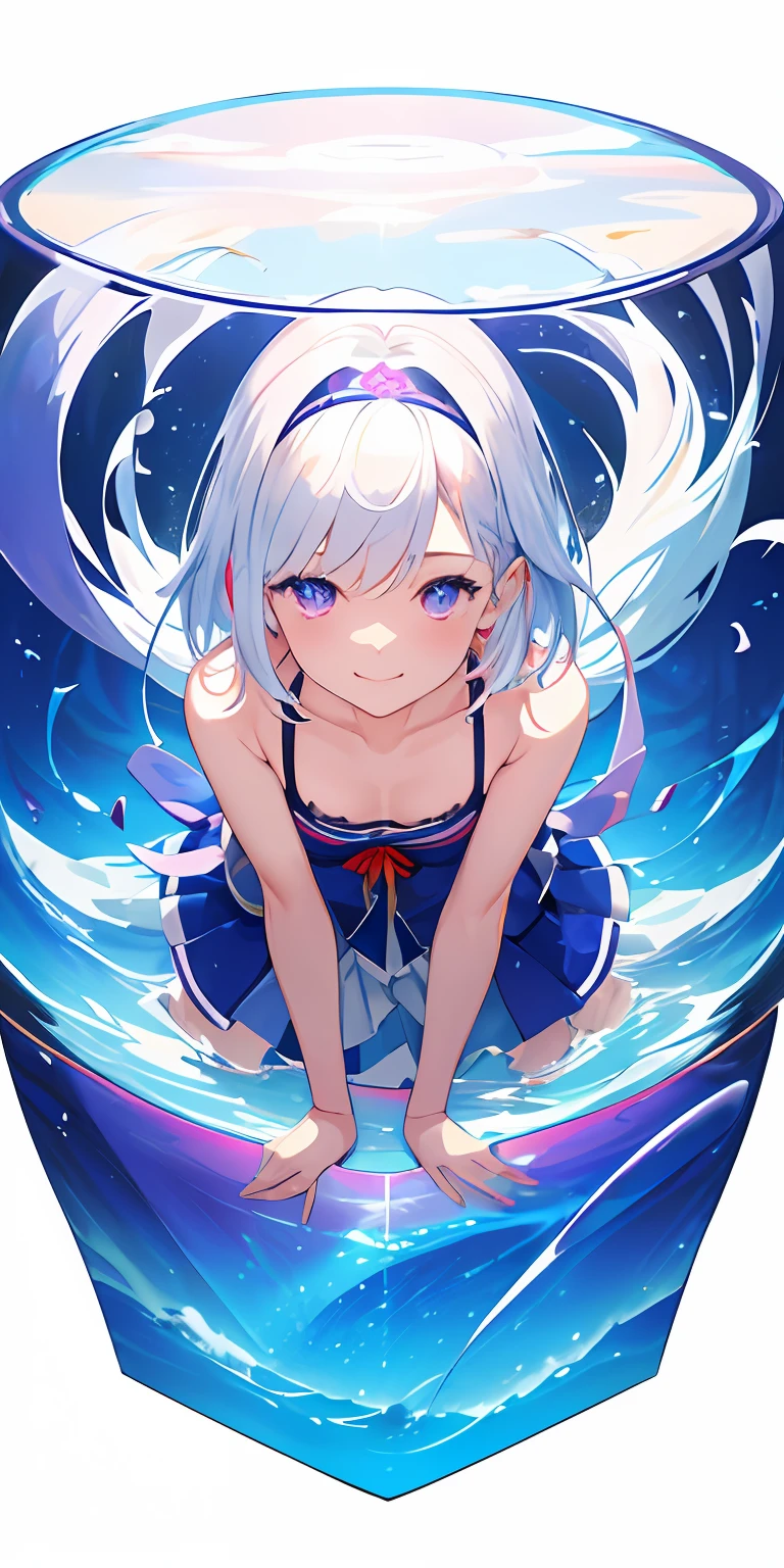 [(Transparent background:1.5)::5],(((masterpiece))),(((best quality))),(((extremely detailed))),illustration, 1girl,solo,mysterious,vivid color,shiny, underwater transparent sealed hemispherical glass dome, (white hair),(purple eyes), full body,barefoot,long hair tranquil nature, koi,Underwater, Dome,close up,Dynamic actions,Lens perspective,(((Box composition))),sit cross-legged and lean against the bookshel, volumetric lighting, multi-color eyes, detailed eyes, hyper detailed,light smile, highly detailed, beautiful, small details, ultra detailed, best quality, intricate, 4k, 8k, trending on artstation, good anatomy, beautiful lighting, award-winning, masterpiece, best quality, highres, 1girl ibuki mio short hair blue hair, white skirt red jacket open jacket squatting, looking up, (from above:1.4)