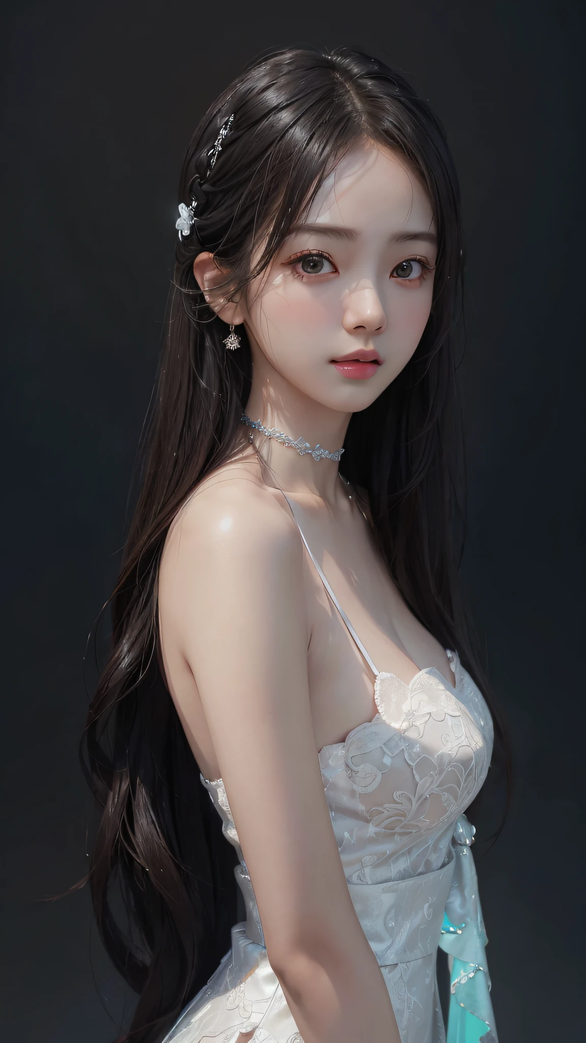 (Hyper-realistic) , (illustratio), (Increase the resolution), (8K), (extremely detaile), (Most Best Illustration), (美丽细致的眼睛), (best qualtiy), (ultra - detailed), (tmasterpiece), ( the wallpaper), (详细的脸), 独奏,1个Giant Breast Girl, looking at viewert, exquisite detailing, 详细的脸, deep shading，low tune,pureerosfaceace_V1, ssmile,long whitr hair，Black shawl straight hair，46 points oblique bangs，Best quality、tmasterpiece、A high resolution、1girll、hair adornments、choker necklace、jewely、pretty  face、Physically、Tyndall effect、realisticlying、Shadow Studio、edge lit、bicolor lighting、（highdetailskin：1.2）、8K, Ultra HD、Digital SLR、softlighting、high high quality、volumettic light、sneak shot、photore、A high resolution、4K、8K, Yes、The background is blurred out，