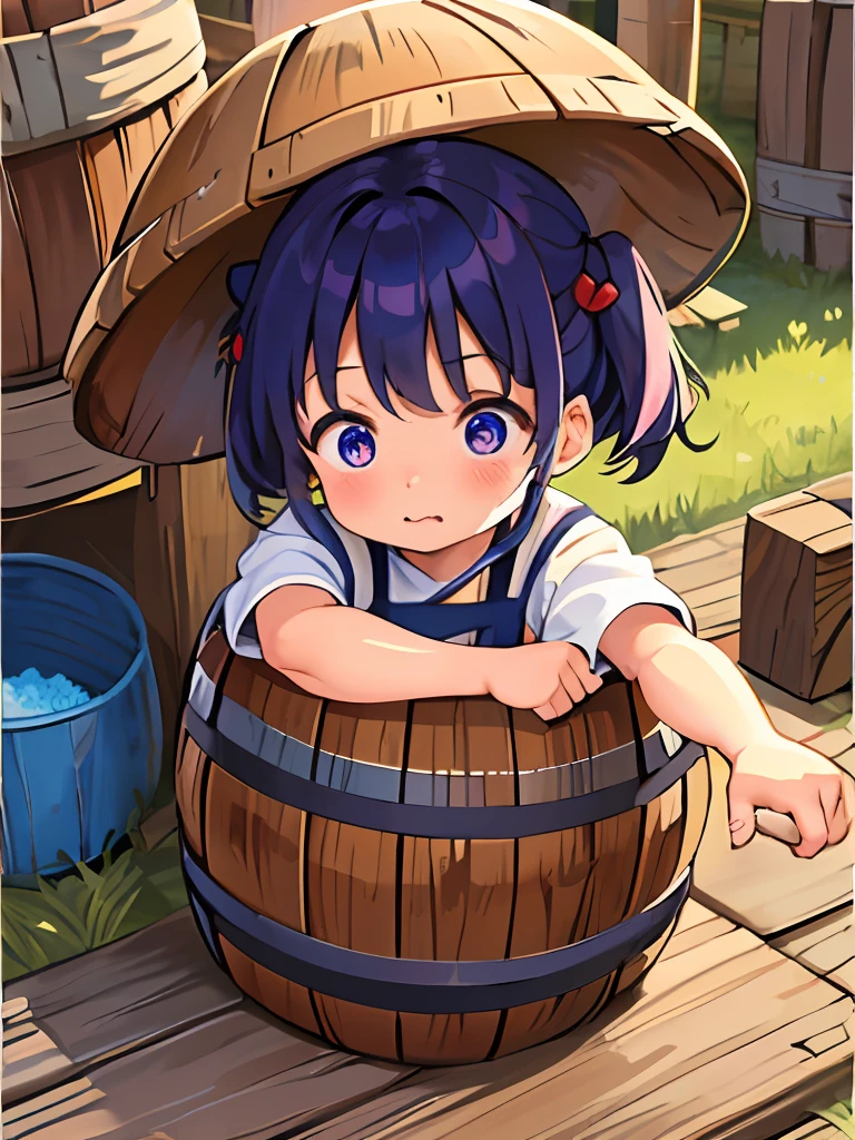 A cute little girl with a toot face，Holding a barrel in both hands，The barrel was filled with rice，Drooling over the rice in the barrel