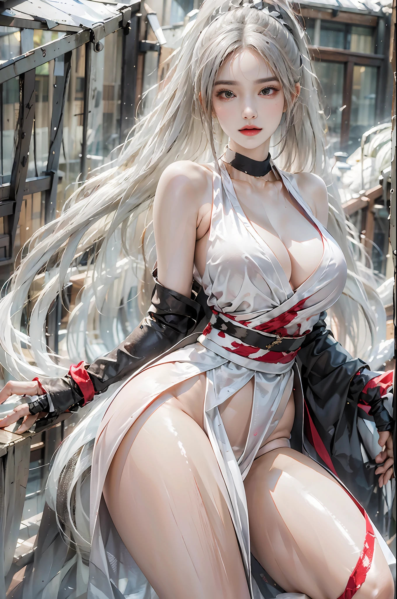 photorealistic, high resolution, 1women, solo, hips up, look at viewer, (detailed face), white hair, long hair, shiranui_mai_suit, pelvic curtain,hand fan, huowu