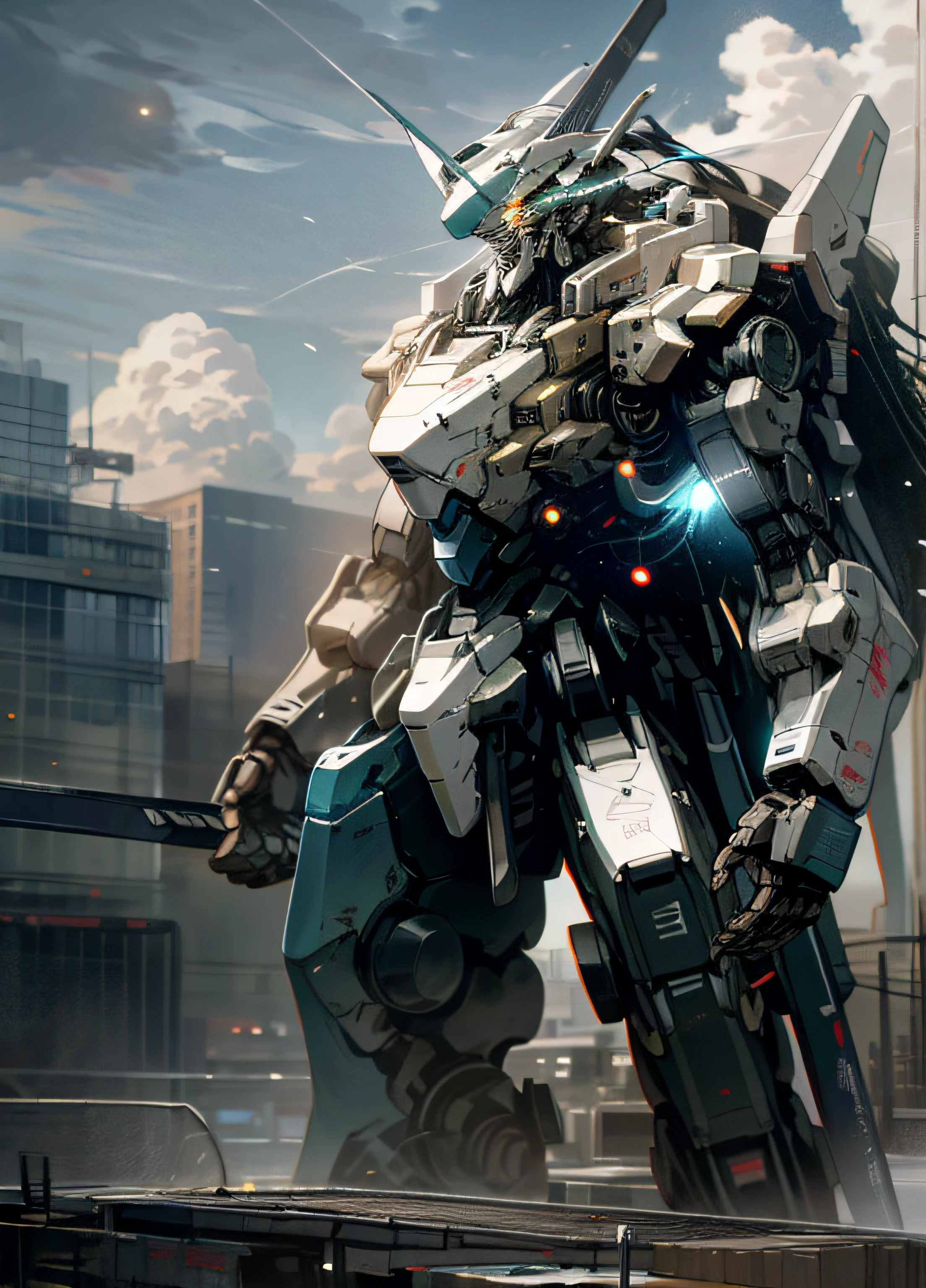 sky, cloud, holding_weapon, no_humans, glowing, , robot, building, glowing_eyes, mecha, science_fiction, city, realistic,mecha