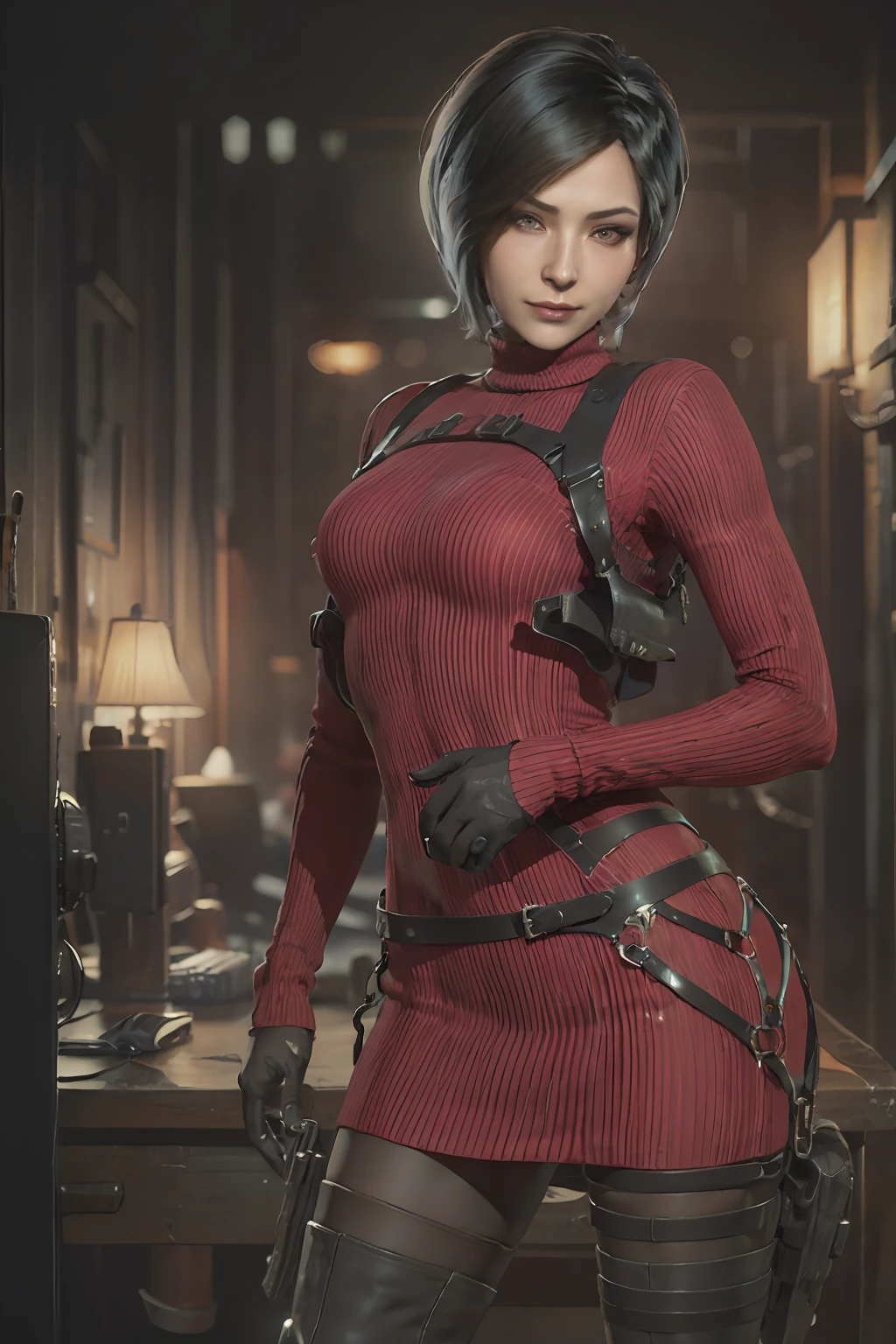 1 rapariga， 独奏， Ada Wong in the Resident Evil 4 remake， short detailed hair， brunette color hair， Red sweater turtleneck dress， Long-sleeved shirt， Black skinny stockings， nedium breasts， upper legs， hindquarters， black heels， Adriana's face， audience looking， sly smile， The pistol hung from her thigh， Best quality at best， A high resolution：1.2， Doomsday City in the background， shadowing， nightmare， rays of moonlight， Upper body shooting， Low camera angle、depth of fields、Center focus