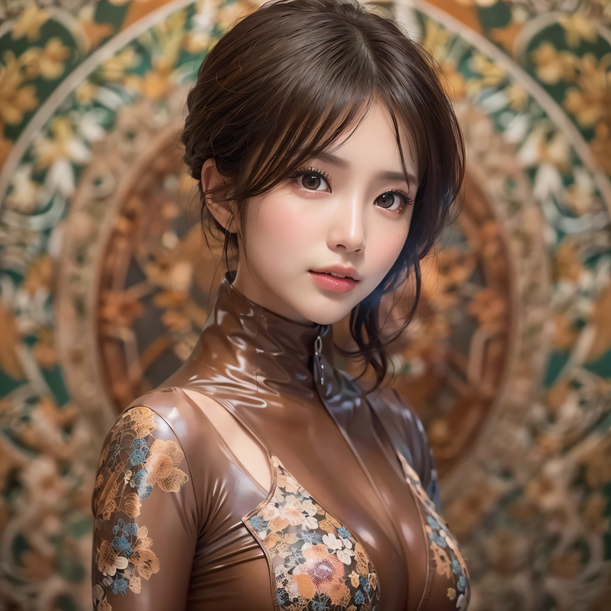 (Background, symmetrical, Compositions with coloful geometric arabesque patterns):1.3, (fullbody:1.3), (medium hair, dark brown hair), (top-quality, Photorealsitic:1.4, masterpiece:1.3, RAW Photography:1.2, cinematric light, very detailed illustration), (1woman:1.3, solo), (asian girl, ultra delicate face, ultra Beautiful fece, ultra delicate eyes, ultra detailed nouse, ultra detailed mouth, ultra detailed facial features), (rubbersuit:1.3), (medium breast:1.3), from the front side, skiny, lipgloss, Show cleavage