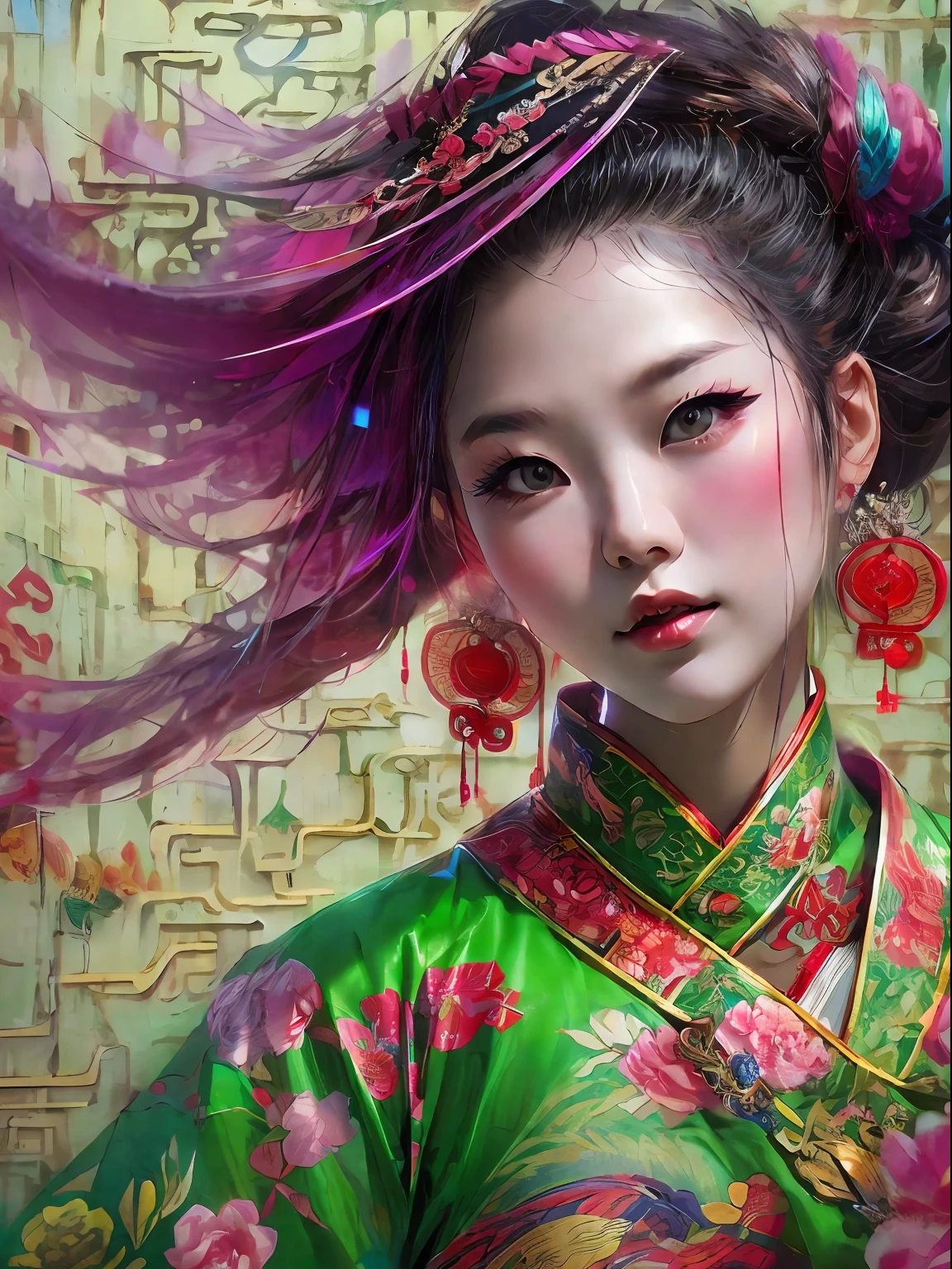 HighestQuali,tmasterpiece:1.2,Detailed details,4K,Beautiful woman in traditional Chinese costume displayed on the wall in street art style