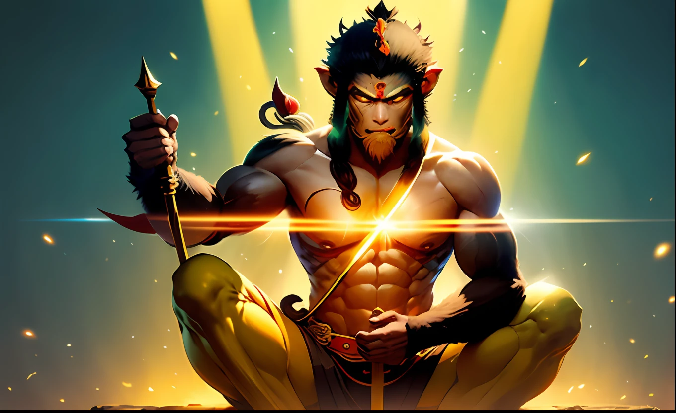 A monkey Qi Tian Great Saint Sun Wukong，He is practicing cross-knee on the lotus，There are a lot of energy lights around, all of which are golden rays，It has the feeling of a holy Buddha。