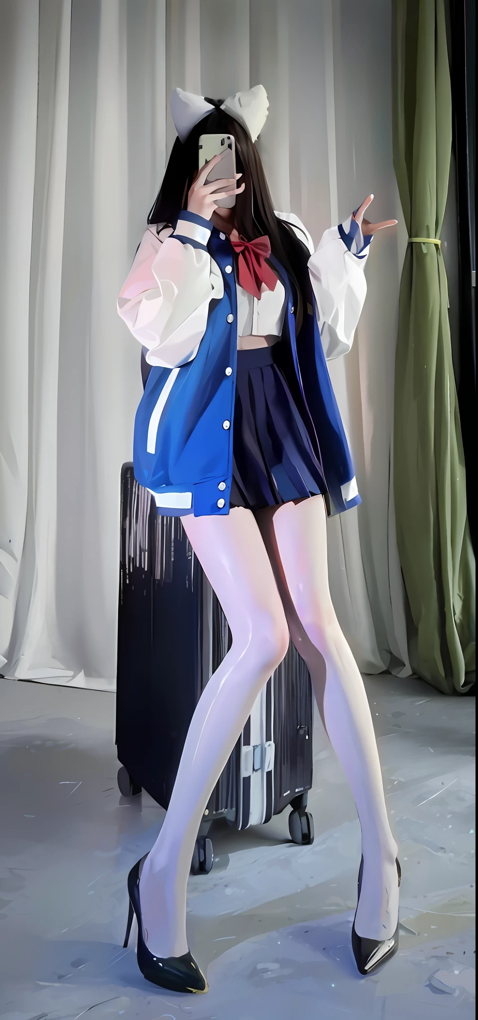 (best qualtiy,A high resolution,tmasterpiece:1.3),A tall and beautiful woman,Dark brown hair in loose wavy styling,nedium breasts,Wear a pendant,white button-down blouse,a black skirt,(Modern architecture in background),Beautifully rendered details in face and skin textures,Detailed eyes,二重まぶた