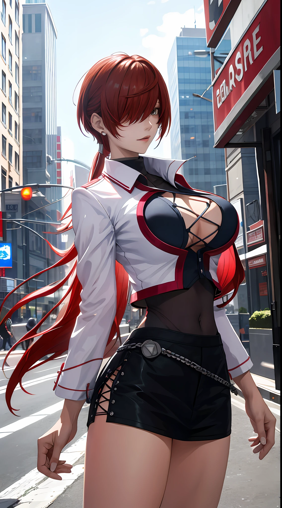 tmasterpiece,, Best quality at best, A high resolution, 1girll， red tinted hair，white  clothes，hason, Crop top, (Large breasts 1.4), nabel，Fighting posture，cyber punk perssonage，City streets