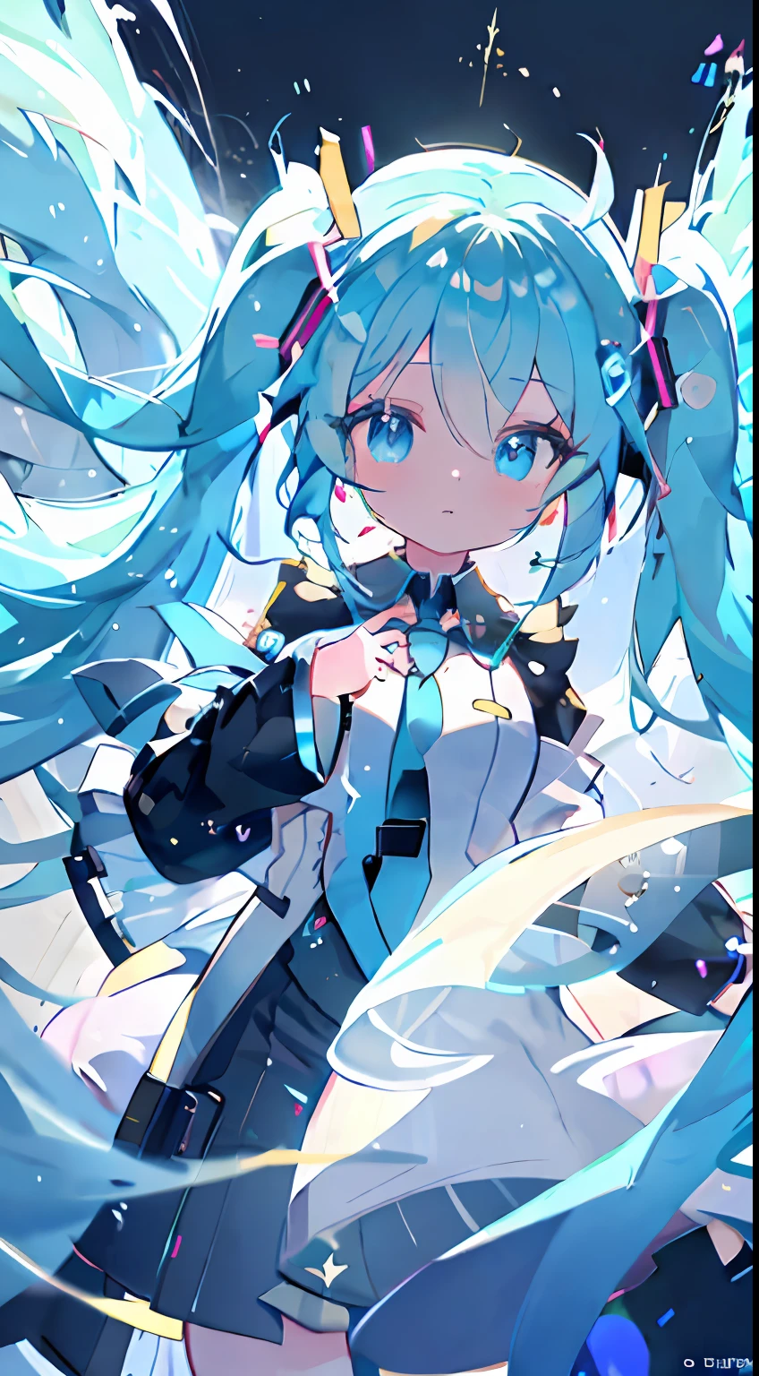 --ar 2:3 , pixiv masterpiece::1.5 ,anime style,best quality,ultra detailed beautiful , collar, shirts,necktie,child pretty,cute girl,blue eyes,long hair,floating hair,high detailed,round eyes,light particles,white hair,hatsune miku,glitch effect, geometrical pattern,symbol particles,face focus,ultra detailed beautiful eyes,luminous eyes,shiny eyes,Potato,black background,