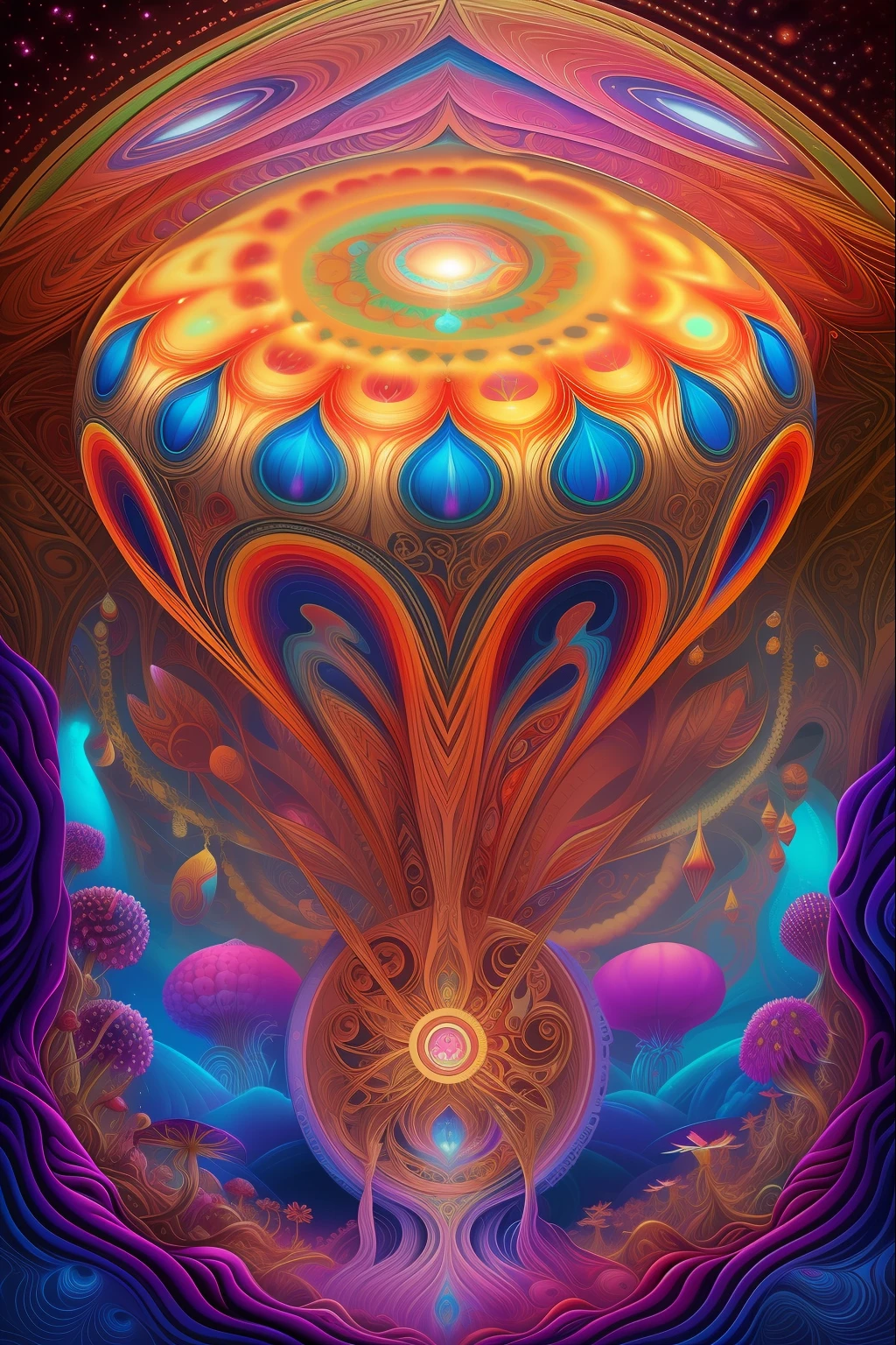 adesivo, uma pintura Amanita muscaria, psychedelic surreal art, estilo dan mumford e alex grey, psychedelic illustration, hyper detailed visionary art, Hyper Visionary Art - Detailed, psychedelic artwork, surreal + altamente detalhado, arte digital altamente detalhada 4k, arte psytrance, Directed by: Justin Gerard, arte digital detalhada 4K, Arte Trippy, Surreal psychedelic design