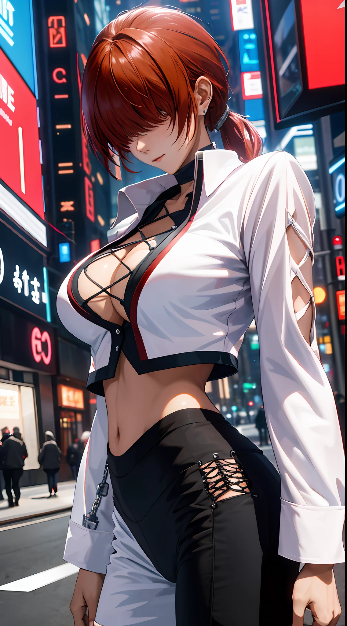 tmasterpiece,, Best quality at best, A high resolution, 1girll， red tinted hair，white  clothes，hason, Crop top, (Large breasts 1.4), nabel，Fighting posture，cyber punk perssonage，City streets