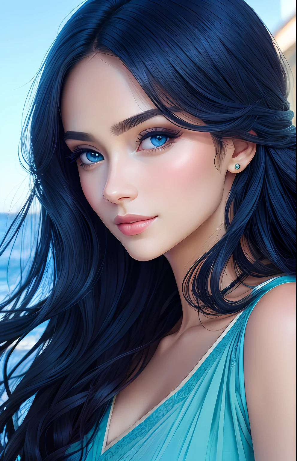 animesque、portraitures、One Person18Pretty Woman、Moisturized eyes、Casual clothing、a picture、oval jaw、beautiful countenance、The hair、Blue eyes with a beautiful glow、LDS Art
