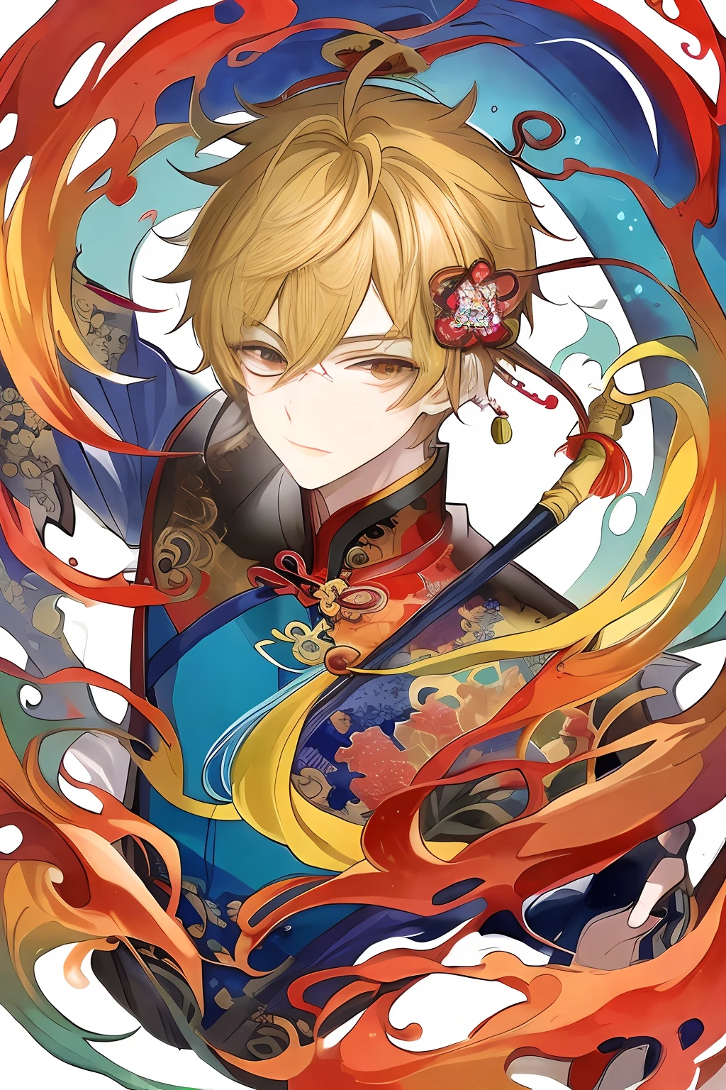 anime, masterpiece, best quality, extreme detail, detailed face, cute, handsome, nice eye, colorful painting, ((chinese colorful ink)), (((chinese color ink painting style))), (((masterpiece))), (((best quality))), ((ultra-detailed, very precise detailed)), (((a charming chinese boy, 1boy, solo, delicate handsome face))), (floating), (illustration), (amazing), (absurd), ((sharp focus)), ((extremely detailed)), ((high saturation)), (surrounded by color ink splashes), ((extremely detailed body)), ((colorful)).