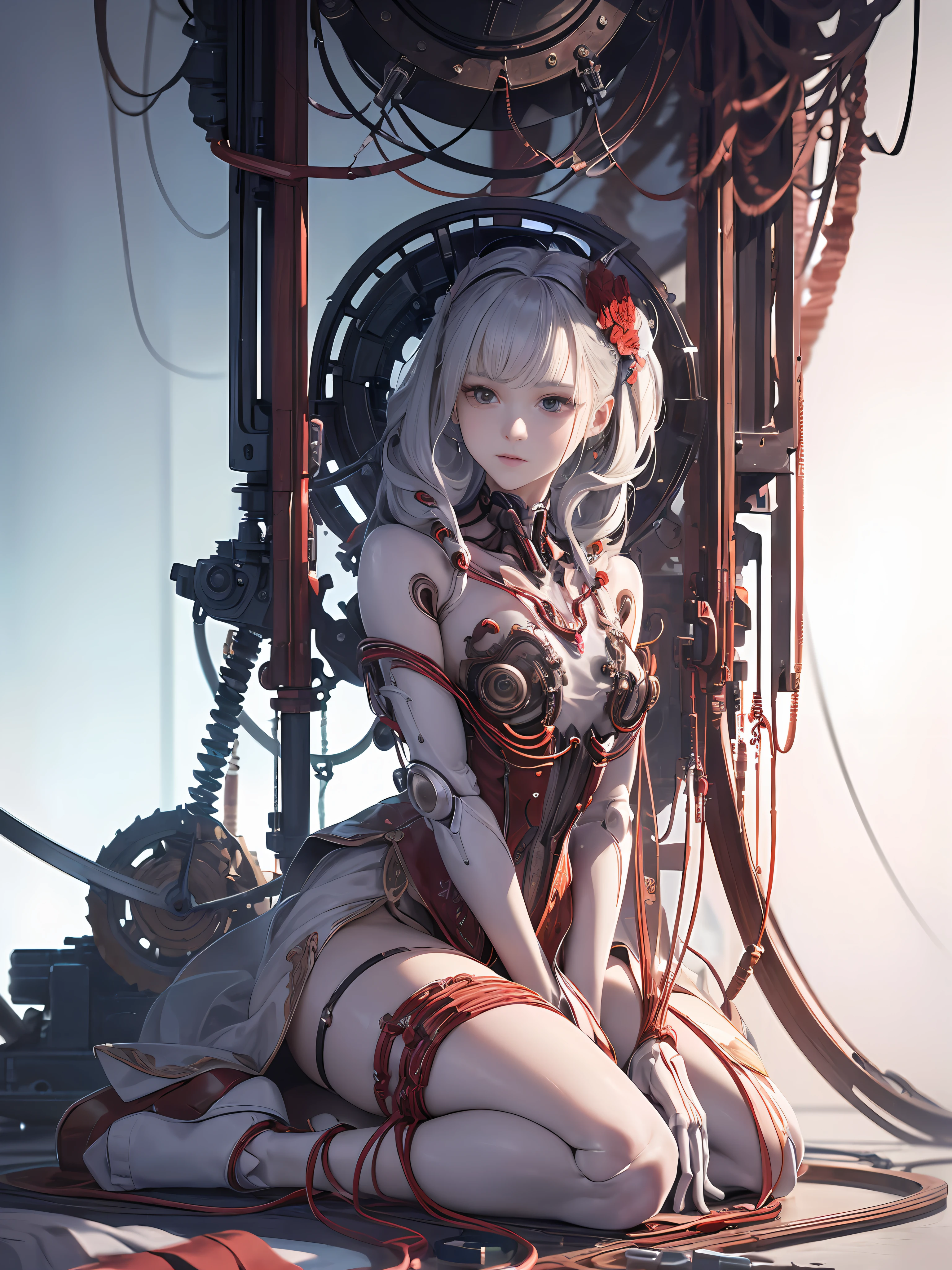 (Masterpiece, Top Quality, Best Quality, Official Art, Beautiful Indulgence: 1.2), (1 Girl: 1.3), Very Detailed, Colorful, Supreme Detail ((Ultra Detailed)), (Highly Detailed CG Illustration), ((From (Very Delicate and Beautiful)), (From Before), Cinematic Light, (1 Mechanical Girl)), Solo, Full Body, (Mechanical Joints: 1.2), ((Mechanical limbs)), (Blood vessels connected to tubes), ( Mechanical vertebrae attached to the back), ((Mechanical cervical vertebrae attached to the neck)), (sitting), expressionless, (wires and cables attached to the neck: 1.2), (Wires and cables attached to the neck: 1.2), (Character focus), science fiction, white background, (Blood: 1.5)