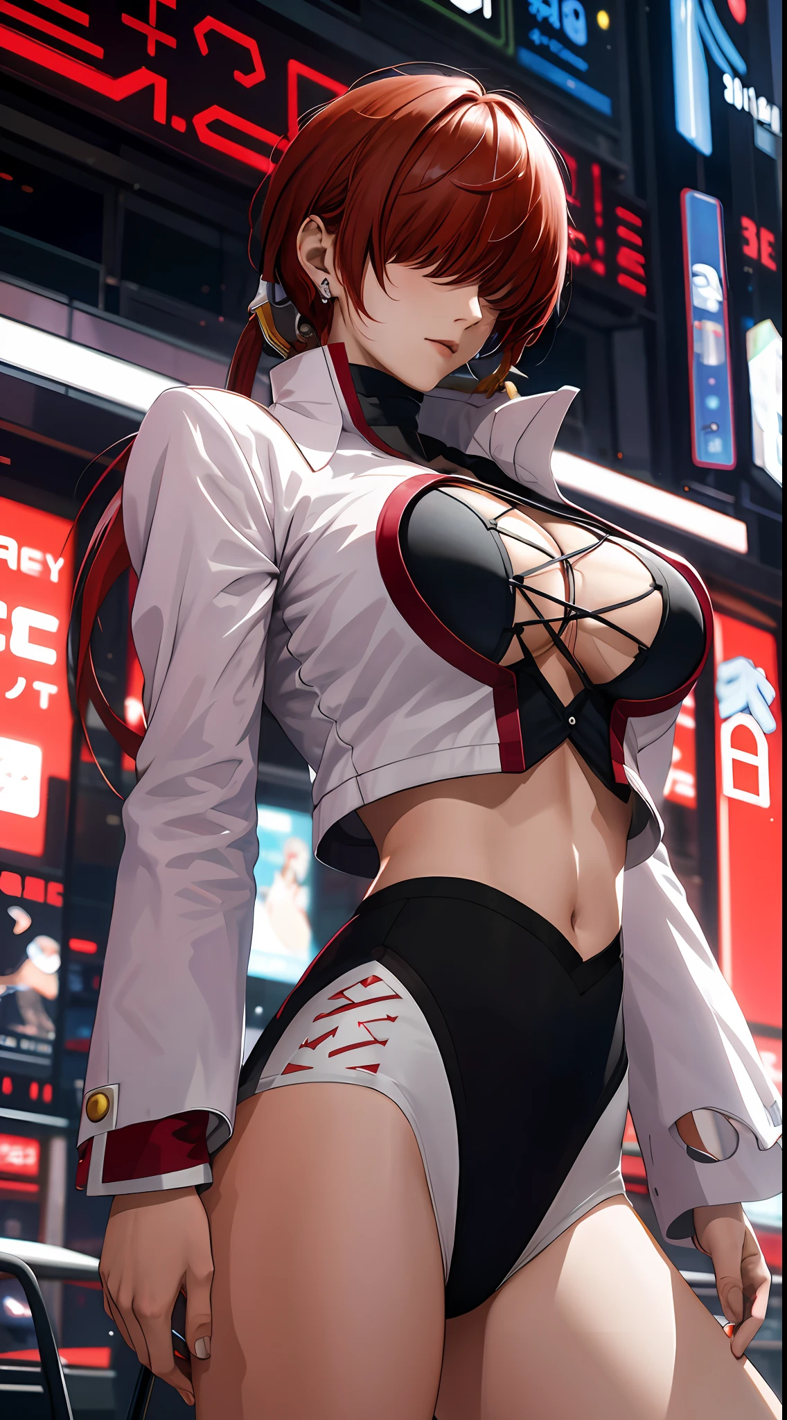 tmasterpiece,, Best quality at best, A high resolution, 1girll， red tinted hair，white  clothes，hason, Crop top, (Large breasts 1.4), nabel，Fighting posture，cyber punk perssonage，City streets