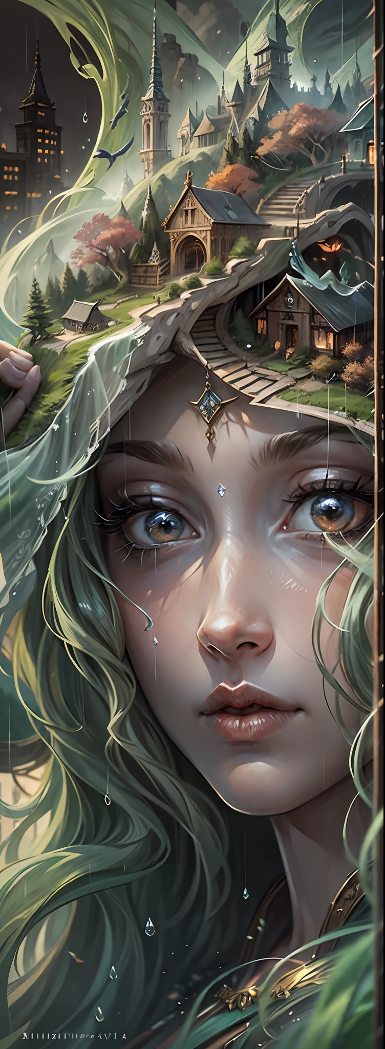 (Portraits of noble goddesses appear over the city:1.4),mirage,god light,tack sharp focus,the elf,Elven architecture,Elven City,Huge tree house,Royal City,Amazing scenery,scenecy,The landscape,Rained,dark fantacy,suspense