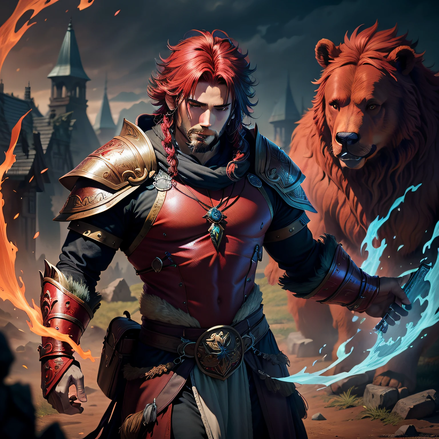 a male druid, wildly colored hair, dark fantasy, detailed colored armor, with a giant red bear behind him