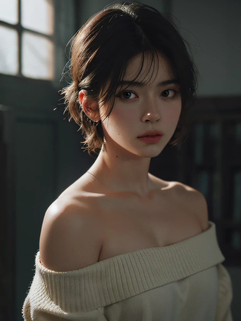 Best quality, masterpiece, ultra high res, (photorealistic:1.5), raw photo, 1girl, offshoulder, in the dark, deep shadow, low key, cold light, sexy look, short hair