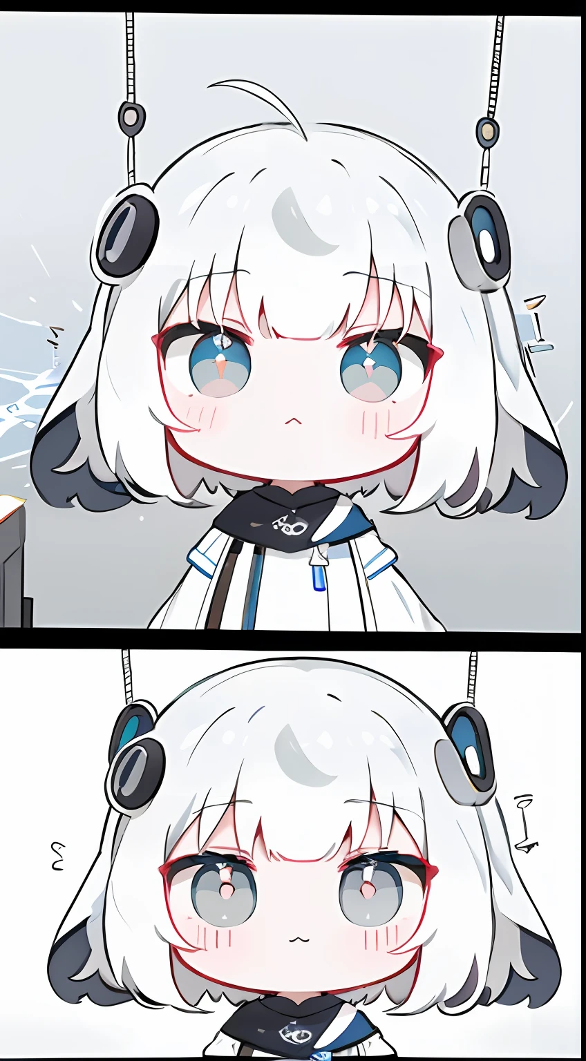 monochromes、grayscales、Straight face、Chibi、Electronic、electricity、​masterpiece、top-quality、Top image quality、Hanging eyes、kawaii、doress、the wind、Chibi