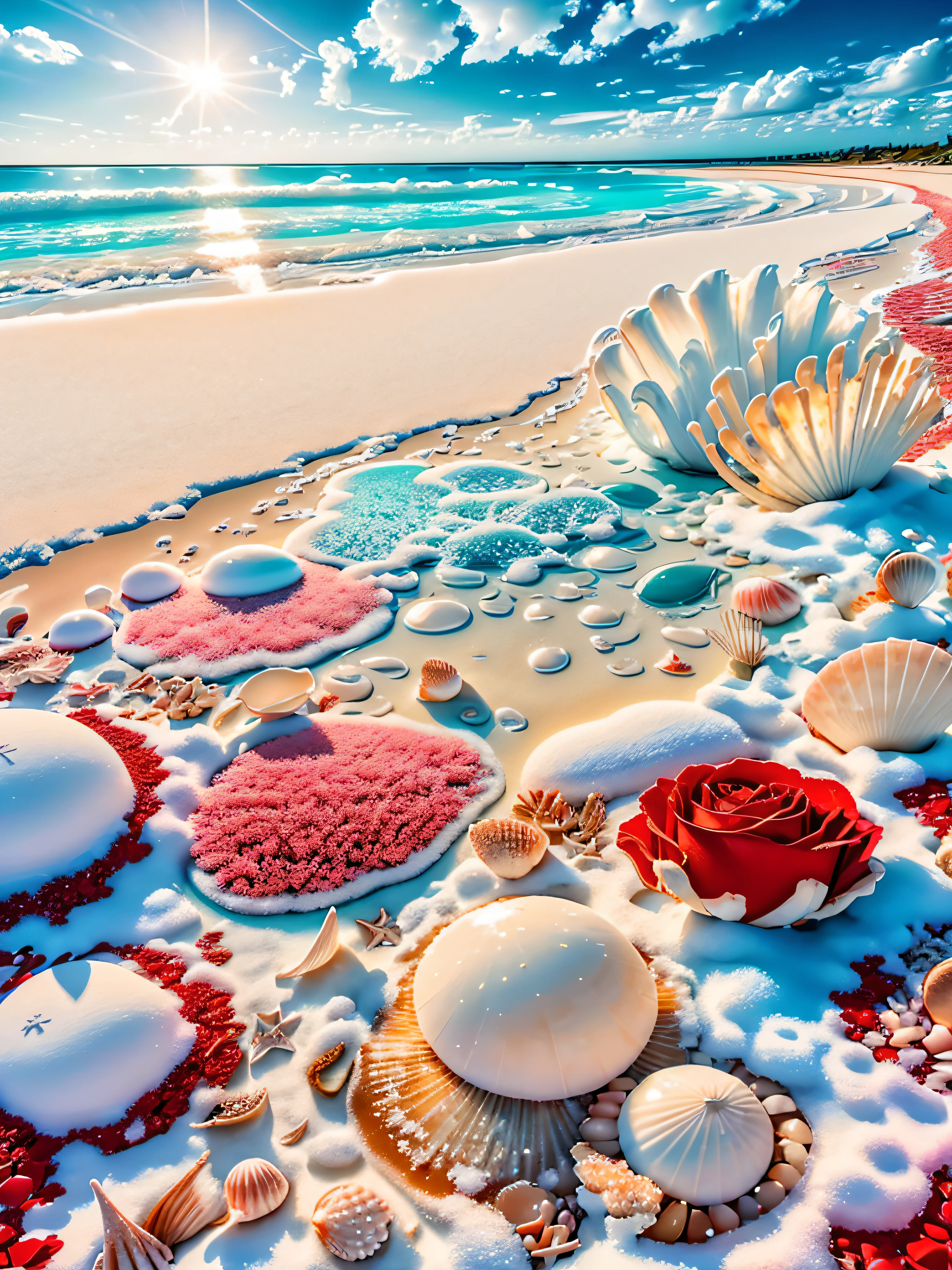 delicate scene,depth of field, 8K, The ivory sky,white clouds,and sunlight shine on the snow-white beach. The coral sea,and many colorful tinny shells on the beach,red roses, roses focus,