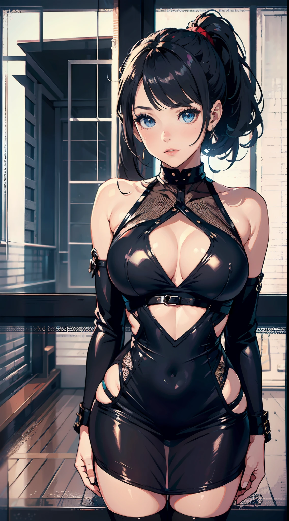 1girll,beauitful face,Celebrity,High ponytail,Sexy figure,black color dress,There is black transparent yarn on the chest,Bare legged,Black booties,tmasterpiece,8K,high qulity,