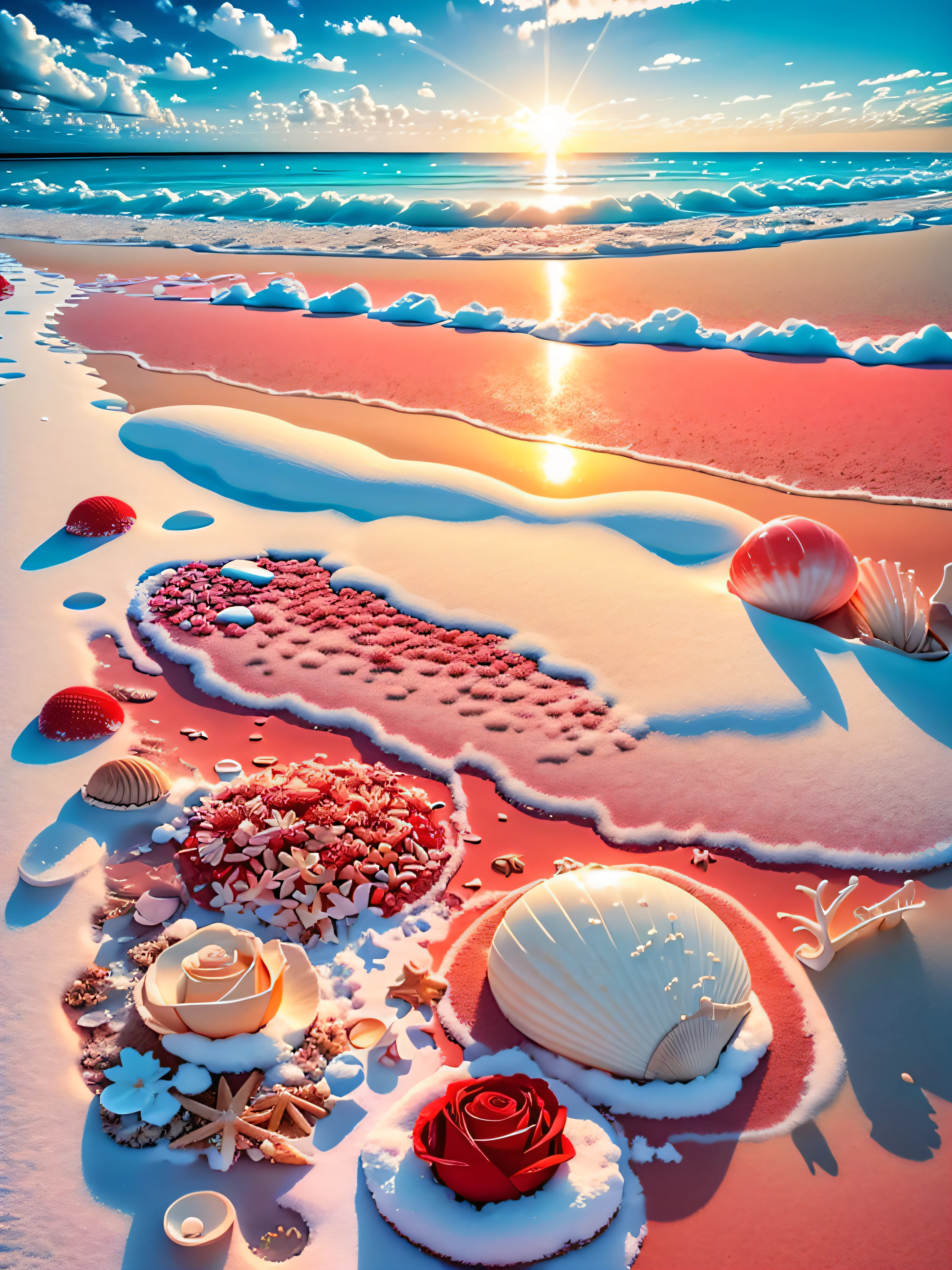 delicate scene,depth of field, 8K, The ivory sky,white clouds,and sunlight shine on the snow-white beach. The coral sea,and many colorful tinny shells on the beach,red roses, roses focus,
