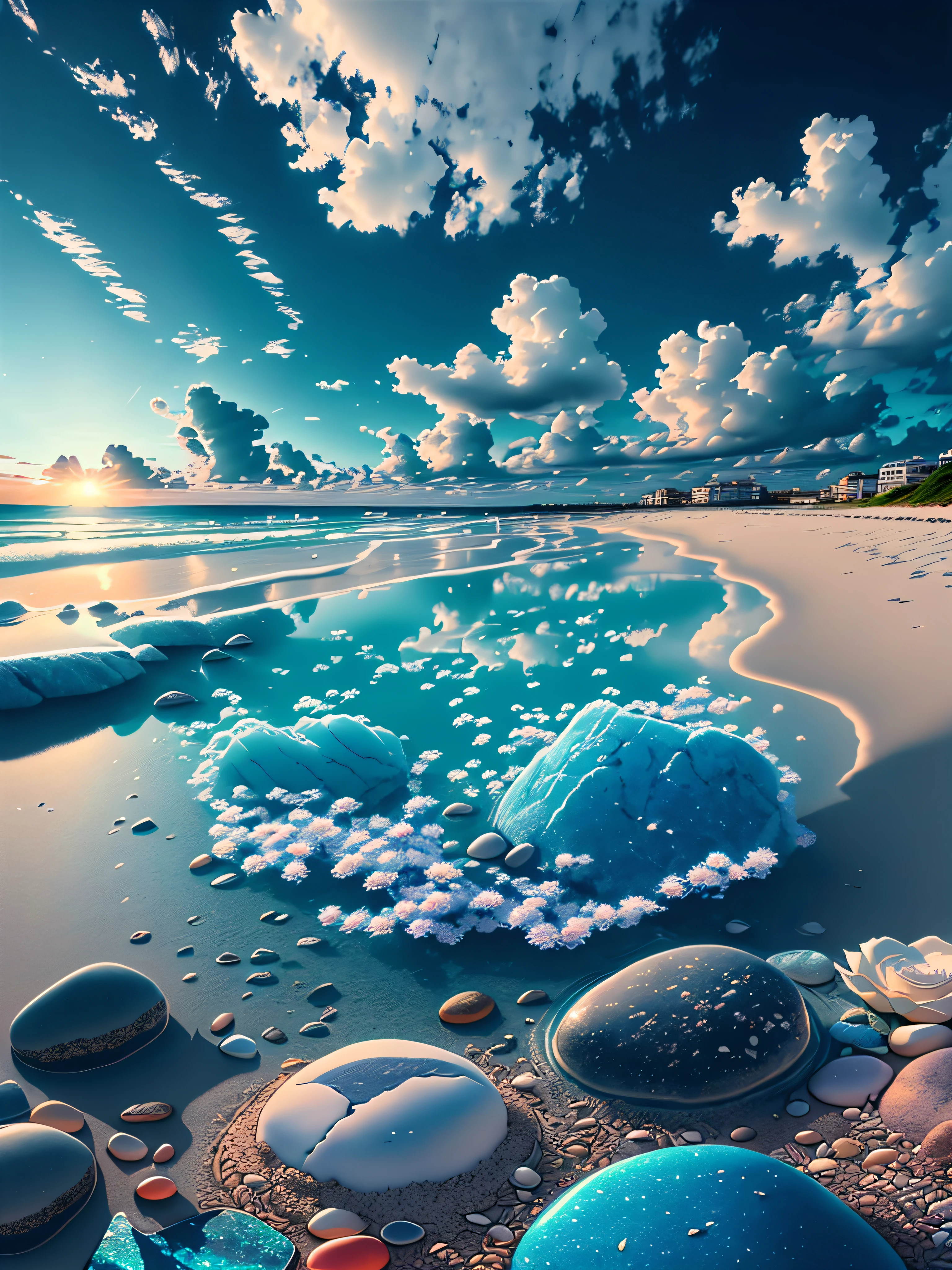 Exquisite scenes,depth of fields,8K,Blue sky,White clouds,The sun shines on the beach,There are many small colorful stones on the beach,Rose flower,
