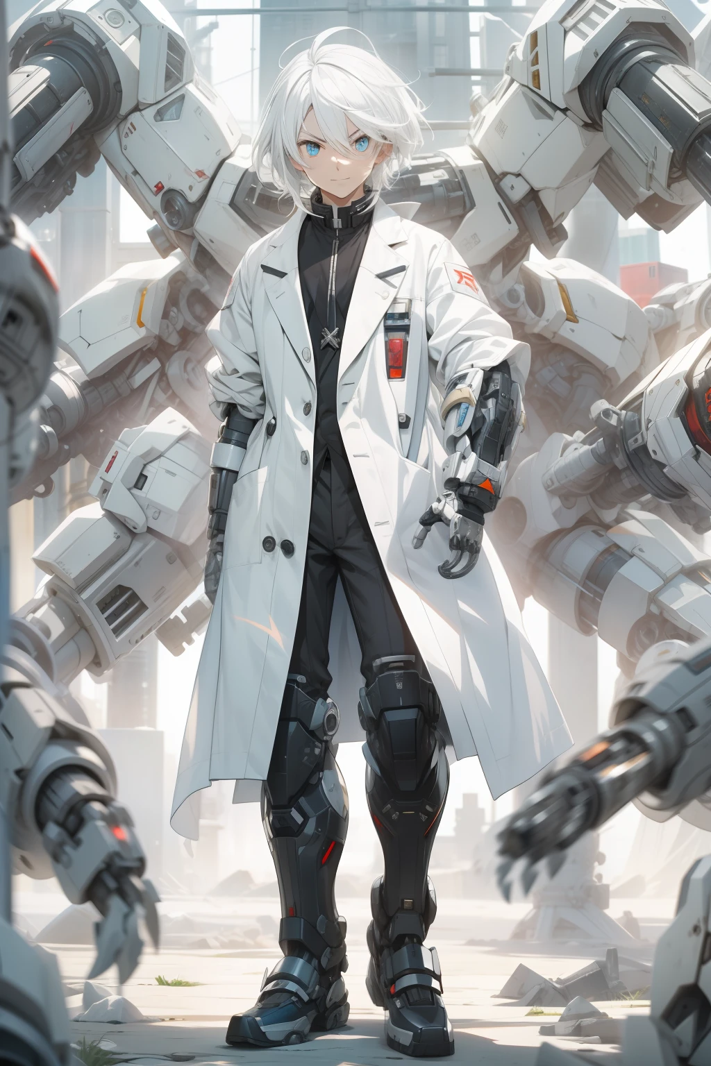 The boy with white hair、Dr、Scientific researchers，monocle，white  clothes，silber hair，Robotic arm，Giant pure white mech，城市，Determined gaze，Psychological smile，psychotic eyes，arma，artillery，arma。