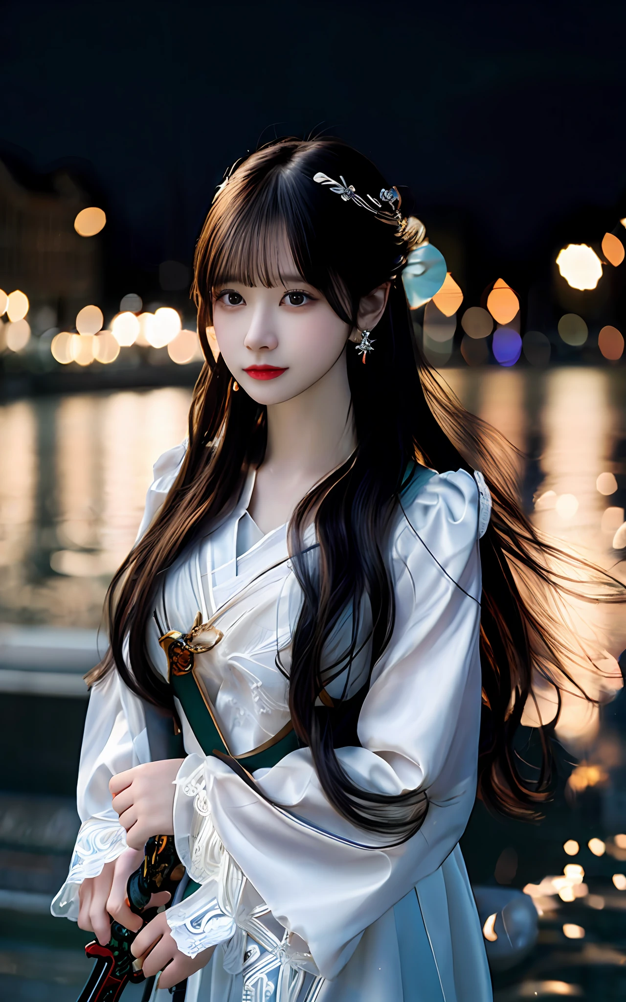 (realisticity: 1.2), best quality,masterpiece,highres,cg,
1girl,weapon,sword,long hair,dress,water,solo,jewelry,white dress,earrings,hair ornament,splashing,upper body,hair bun,black hair, city bacgraun realistis,
lighting,candid,Photograph,high resolution,4k,8k,Bokeh,