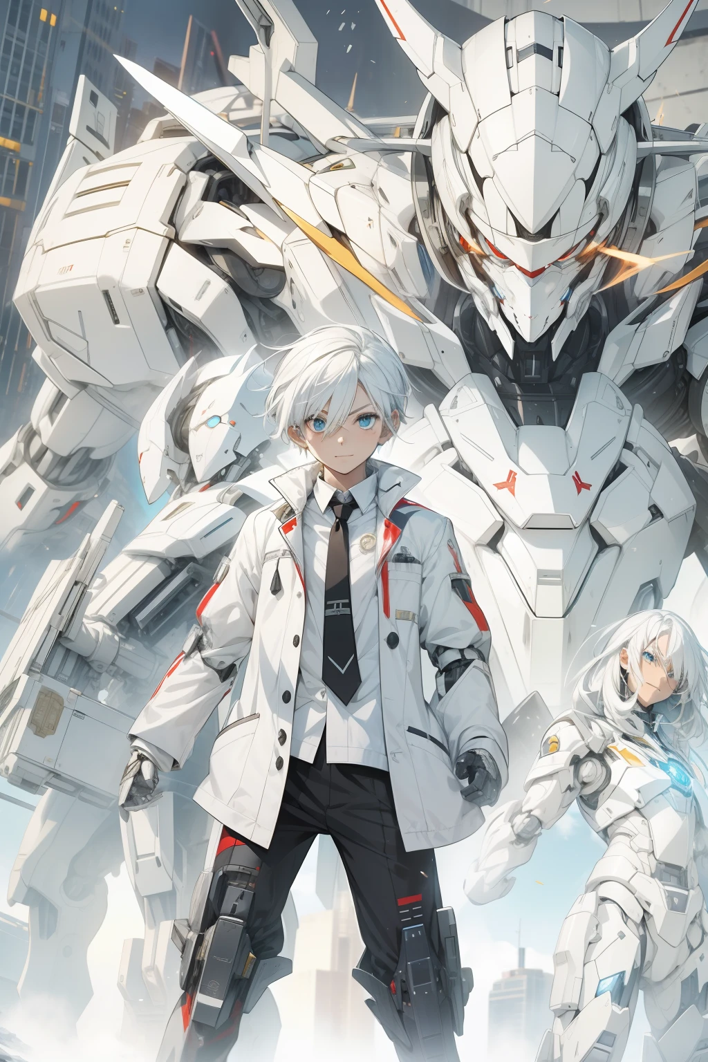 The boy with white hair、Dr、Scientific researchers,monocle,white clothes,silber hair,Robotic arm,Giant pure white mech,城市,Determined gaze,Psychological smile,psychotic eyes,arma,artillery,arma。