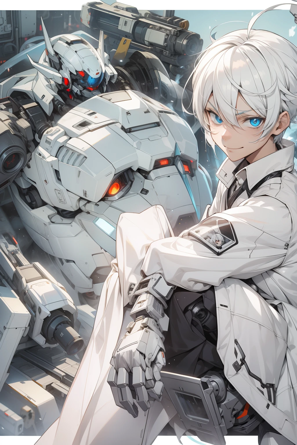 The boy with white hair、Dr、Scientific researchers，monocle，white  clothes，silber hair，Robotic arm，Giant pure white mech，城市，Determined gaze，Psychological smile，psychotic eyes，arma，artillery，arma。