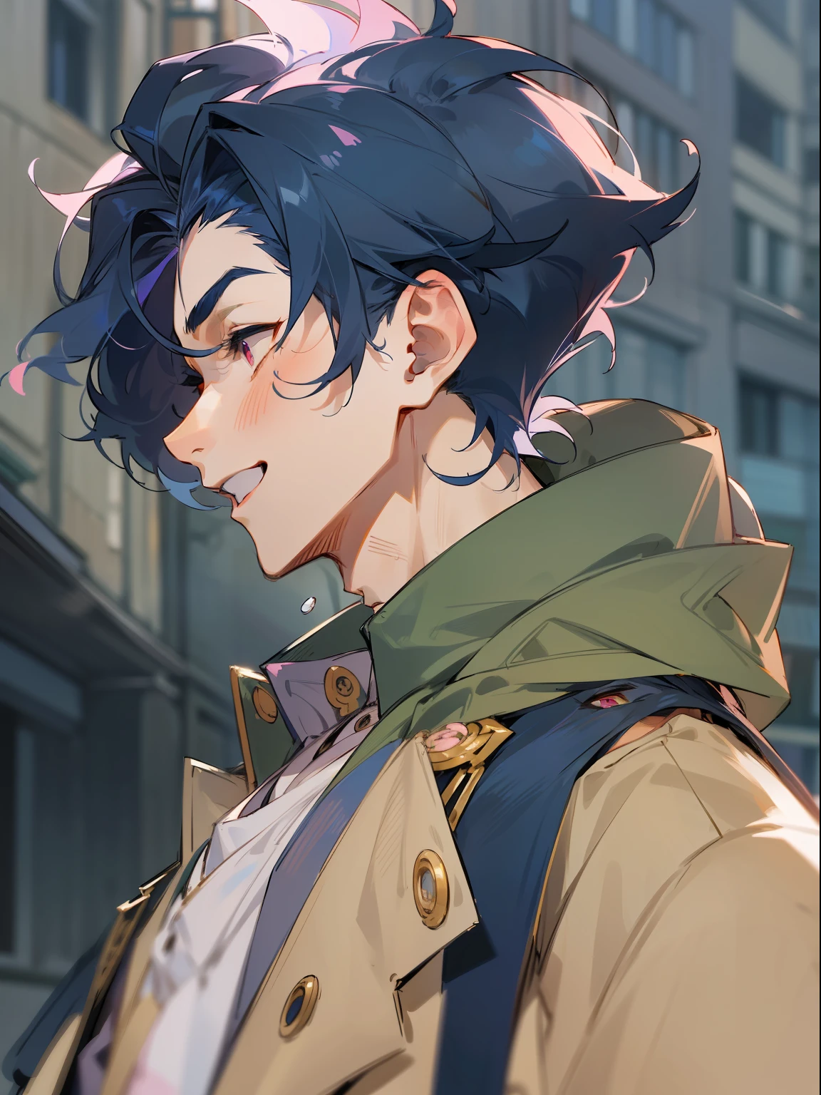 Ultra Detail,Haig Quality,sketch,1boy,matured male,Beautiful face,(Navy blue hair,Outer hair:1.3),Handsome men,Pearl skin,black tshirt,Moss Green Mod Coat,Dynamic Angle,Japan Anime,Pink eyes,Laugh,Like a cat's eye,city,male in his 20s,face in profile
