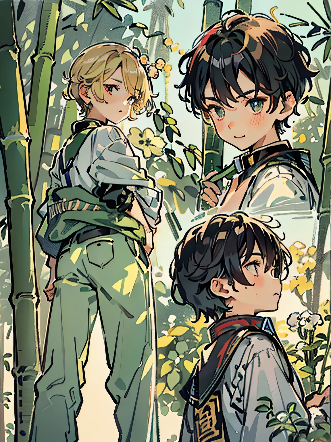 composition seen from below、view from below、Propose a very attractive design、独奏、one boy、Sideways、modern、Boy in pants、Modern Japan Male Student、Boy in school uniform、All black uniforms、14-year-old boy、Boy with short hair、Katsushika Hokusai-kaze、Natural color design、Bold and beautiful plant design、Bamboo motifs、Long stretched bamboo design、Bamboo forest background、Detailed diagram of the pattern、With the highest quality、Masterpiece、hight resolution、Artistic style、Postcard Design、Balanced design、Attractive composition、Emotional Art、Beautiful light production、Aerial perspective、japanese aesthetic、4K resolution、Gorgeous background art、Attributes of boys(a smile、Hanging eyes、student clothes、long trousers、slacks、gakuran、tight collar、Black School Uniform、Black stuffed collar jacket、Jacket with golden buttons、school uniform、military uniform、male people、Little Boy、Bullish personality、Dignified、Strong-willed eyes、Beautiful Boys、nobility、A dark-haired、straight haired、short-hair、Natural hairstyle、Honor Students、Good impression)