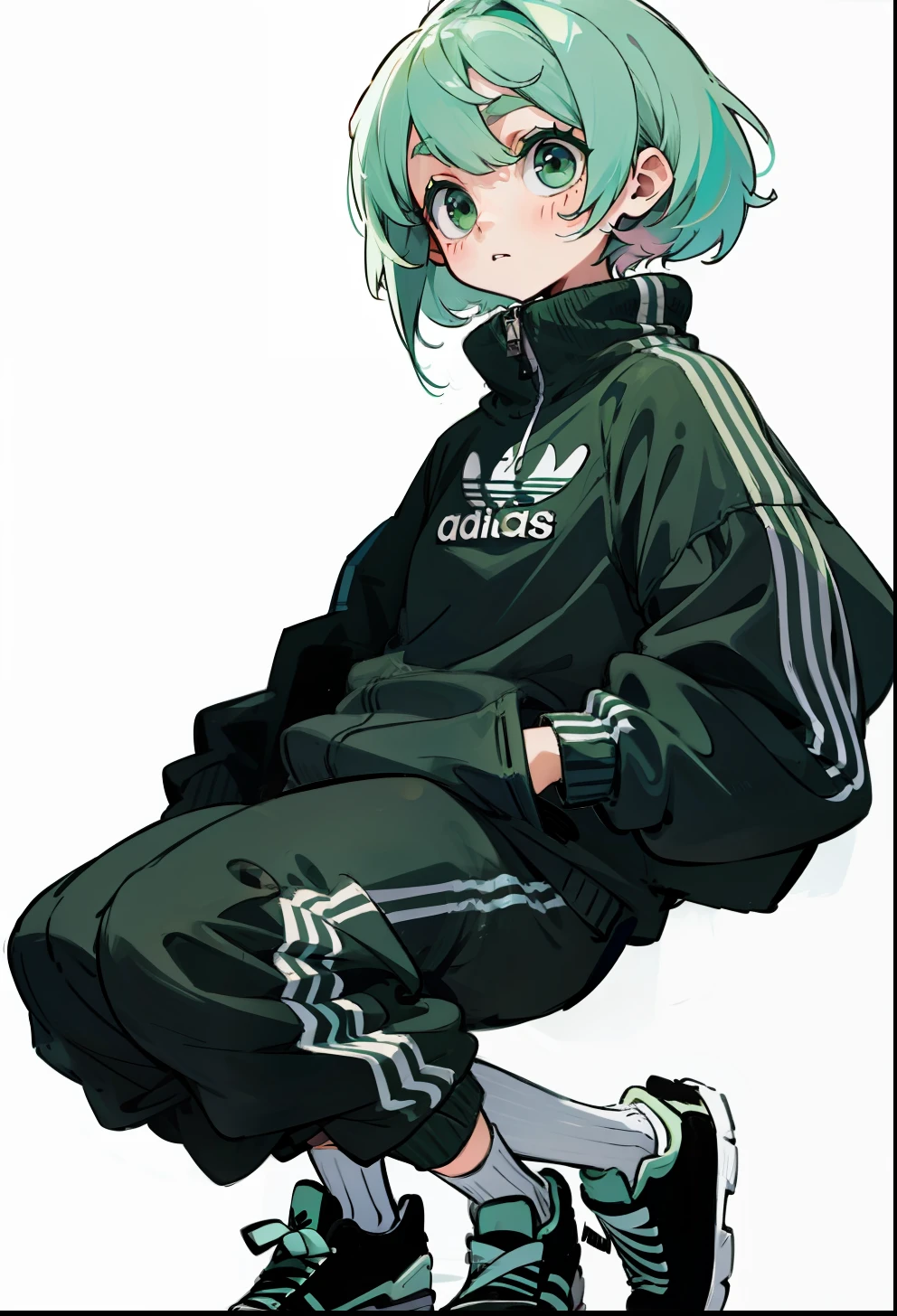 Pastel green hair, 1Girl, Adidas Clothing,