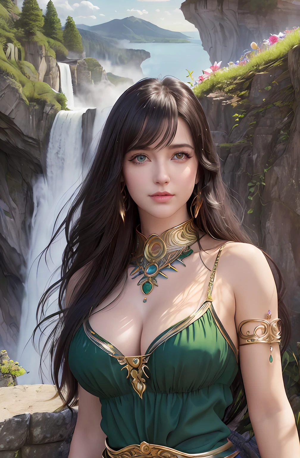 ((Realistic:1.5)),((Best quality)), ((Masterpiece)),((Detailed)),2girls,duo,{2 Beautiful women}, (Upper body:1.3),royal skimpy underwear, Hug and touch each other, Tease a friend's waist, Panting friends, Biting a friend's earlobe, crouched,super wide shot,Face focus, Curvy, Barefoot, Medium breasts, Open cleavage, A sagging breast, Thick thighs,Wide hips, Thin legs, Green eyes,Long black hair,floated hair,Long eyelashes, (Detailed face,beautidful eyes, detailedpupils,detailed clothes features, Clear background:1.3), (armlets, bangle:1.3),pureerosface_v1， Mysterious ancient ruins, floresta exuberante, Deep canyon,bridge,River,cliff,Cloud,lakes,rock music,Waterfalls, Flowers, Grass,grape trees,tree,bright detail,Sharp,Perfect compounding, Intricate, Sharp focus, Dramatic, author：Frank Frasertta,author：Julie Bell,author：Olivia de Belladenis,author：Luis Royo（Luis Royo）,by Boris Vallejo,
