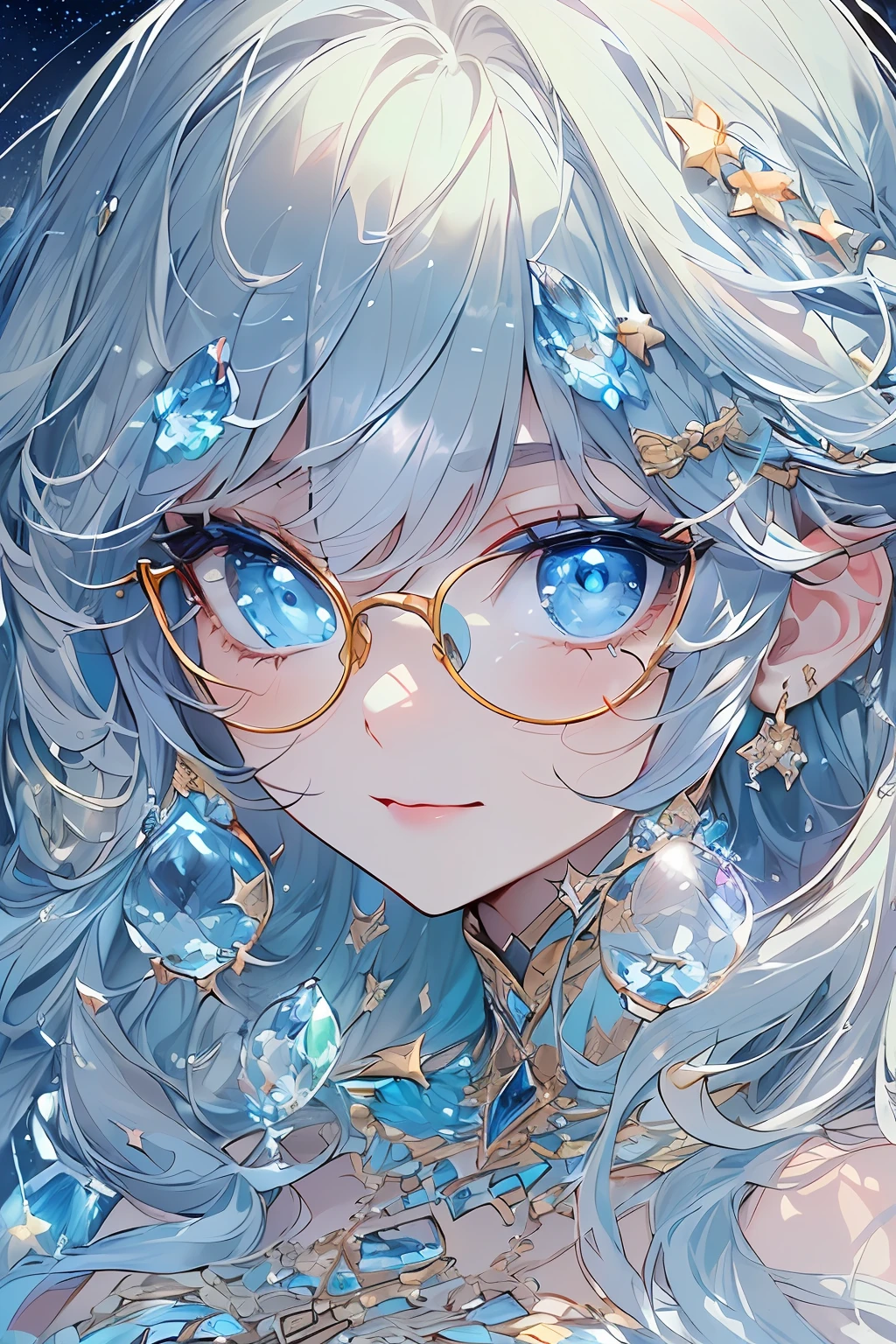 ((masterpiece、top-quality、Official art、Beautifully Aesthetic:1.2))、(the golden ratio:1.2)、(ultra-detailliert:1.3)、(1girl in:1.3)、(Fractal Art:1.3)、(Glitter pupils)、((Half dark blue、Half Blue:2))、(heterochromia iridis:Blue right eye and light blue left eye)、((A smile))、(Hyper-detailing), ((delicate detail)), (intricate detailes), ((ciinematic light, best quality backlight)), ((The best lighting, extremely delicate and beautiful)), (ray trace reflection、brilliance)、((glowing aura))、((Radiant hair))、((The ultra-detailliert))、((night sky full of stars))、(Shining eyes:1.5),(Crystal pupil:1.2),(Big eyes:1.2)、(Crystals in the eye),(Round glasses)、((High School Uniforms))、beautiful eye