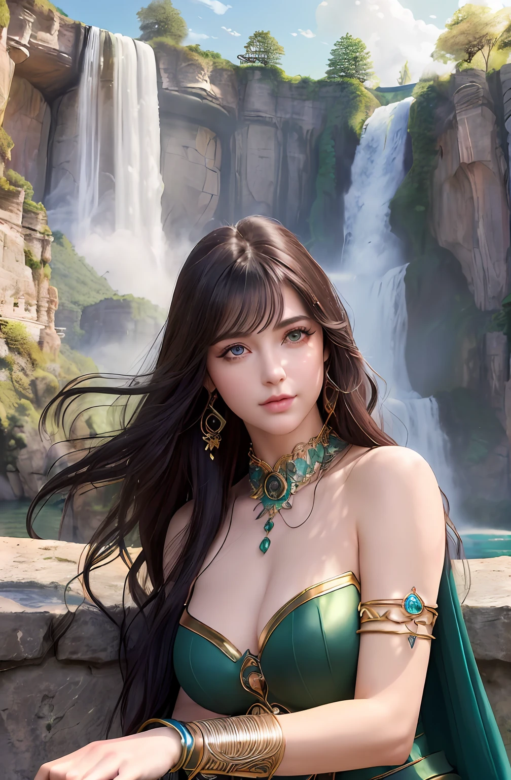 ((Realistic:1.5)),((Best quality)), ((Masterpiece)),((Detailed)),2girls,duo,{2 Beautiful women}, (Upper body:1.3),royal skimpy underwear, Hug and touch each other, Tease a friend's waist, Panting friends, Biting a friend's earlobe, crouched,super wide shot,Face focus, Curvy, Barefoot, Medium breasts, Open cleavage, A sagging breast, Thick thighs,Wide hips, Thin legs, Green eyes,Long black hair,floated hair,Long eyelashes, (Detailed face,beautidful eyes, detailedpupils,detailed clothes features, Clear background:1.3), (armlets, bangle:1.3),pureerosface_v1, Mysterious ancient ruins, floresta exuberante, Deep canyon,bridge,River,cliff,Cloud,lakes,rock music,Waterfalls, Flowers, Grass,grape trees,tree,bright detail,Sharp,Perfect compounding, Intricate, Sharp focus, Dramatic, author:Frank Frasertta,author:Julie Bell,author:Olivia de Belladenis,author:Luis Royo(Luis Royo),by Boris Vallejo,