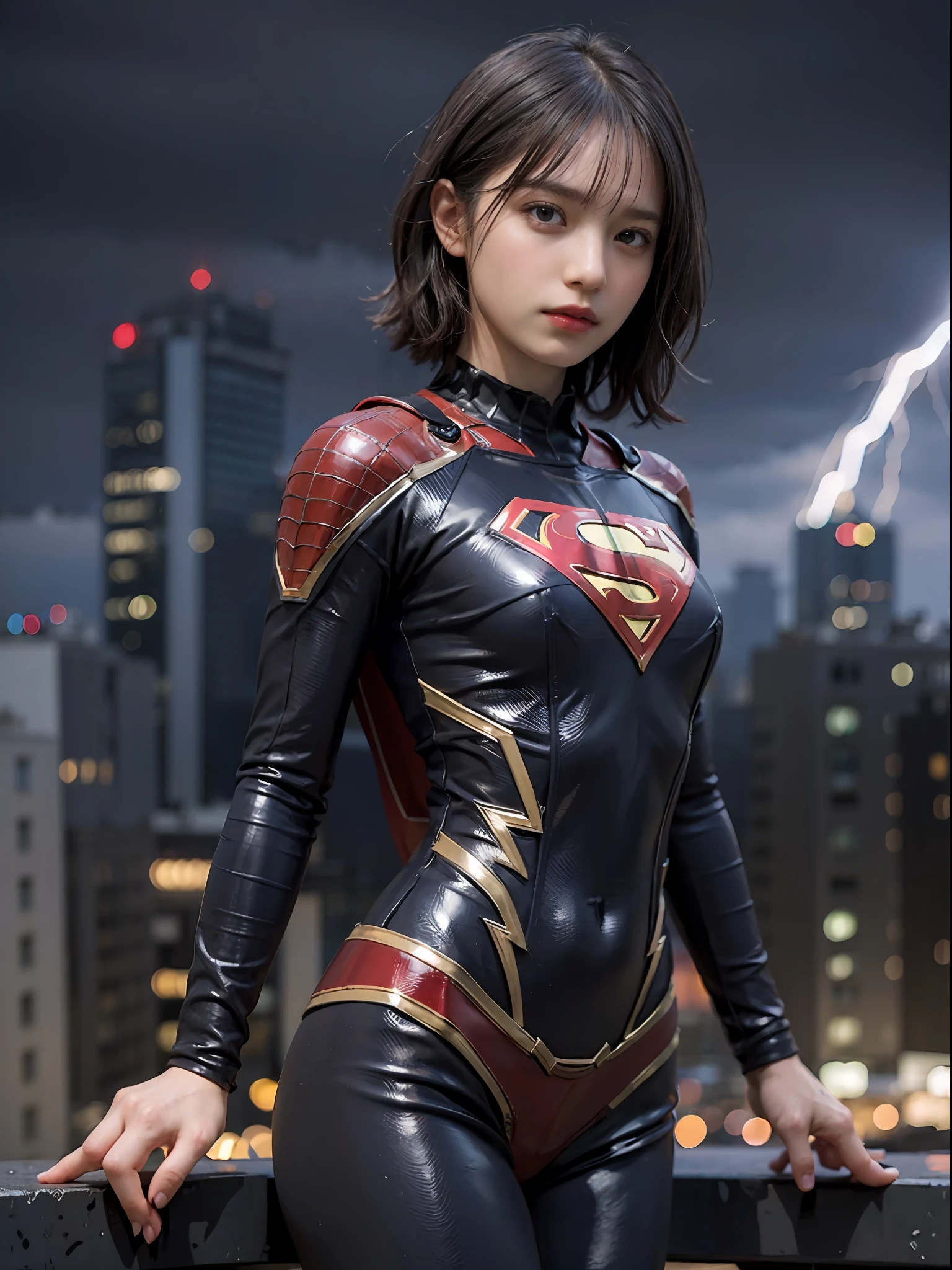 Best Quality, masutepiece, (Photorealistic:2), Ultra High Resolution, Highly detailed, A hyper-realistic, 1girl in, Supergirl Suit, superman logo, Spider-Man pattern, Colorful、(((very_short_hair))), Short hair, Slim body, Full Shot, Looking at Viewer, Night, On the roof of a building, Rain, Dark Scene, Dark atmosphere, light neon, myst, cloudy, Lightning, Detailed background