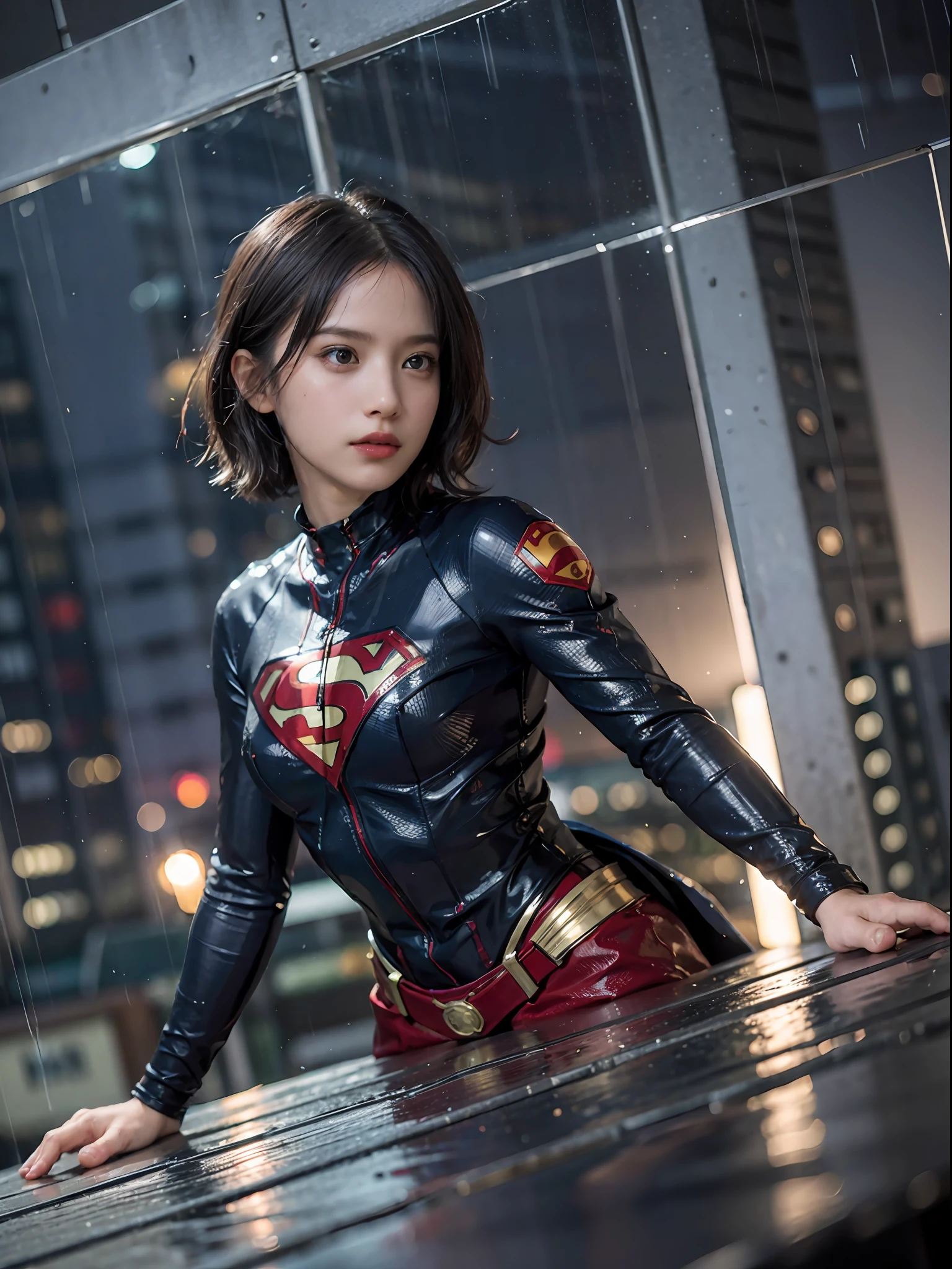 Best Quality, masutepiece, (Photorealistic:2), Ultra High Resolution, Highly detailed, A hyper-realistic, 1girl in, Supergirl Suit, superman logo, Spider-Man pattern,  Colorful、(((very_short_hair))), Short hair, Slim body, Full Shot,  Looking at Viewer, Night, On the roof of a building, Rain, Dark Scene, Dark atmosphere, light neon, myst, cloudy, Lightning, Detailed background