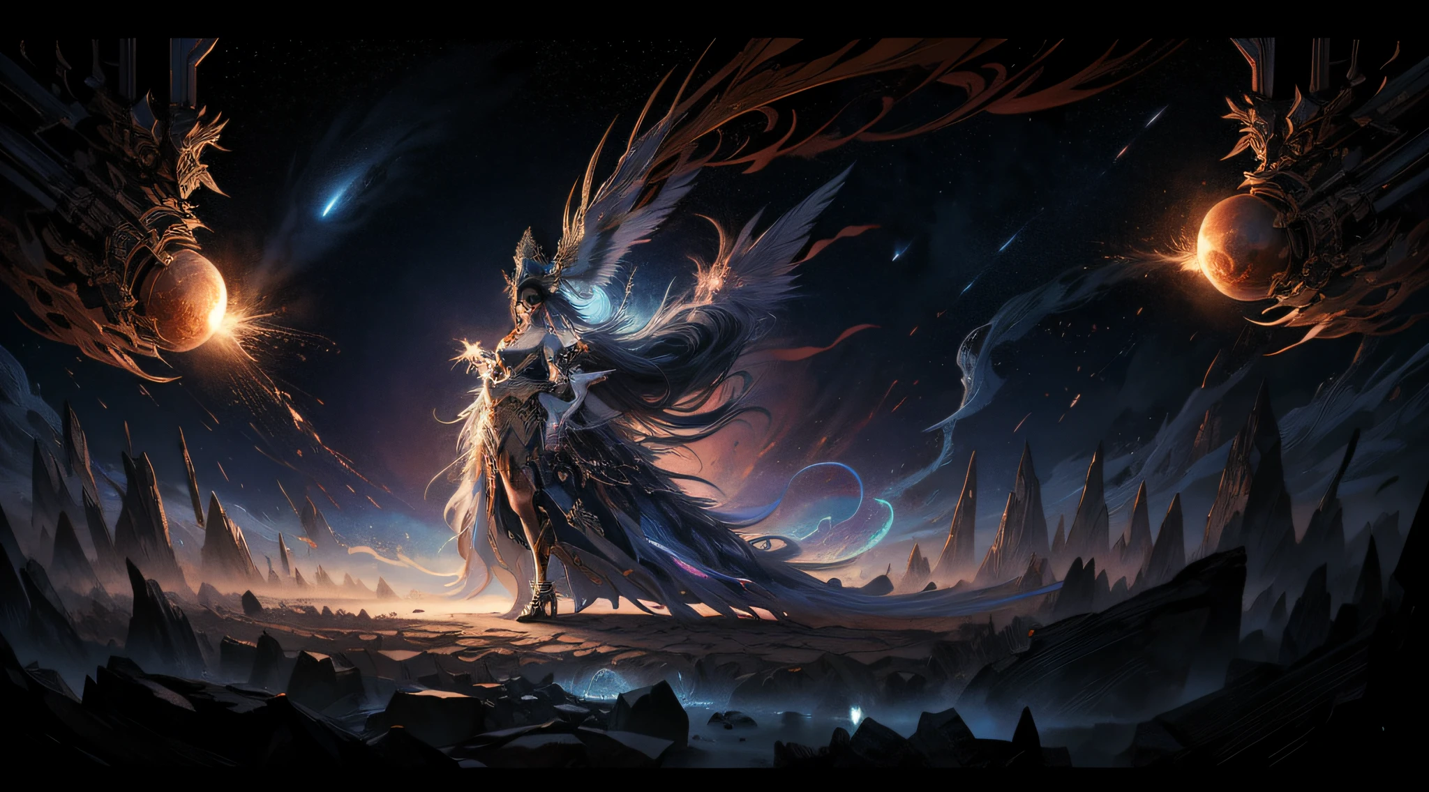 Zoom in on a goddess, she's beautiful and resplendent, her regal demeanor exudes power and wisdom, adorned in armor decorated with intricate engravings and precious gems, standing at the edge of a celestial battlefield with stars colliding in the backdrop, wielding a celestial spear, her gaze is both fierce and compassionate, the environment showcases a cosmic clash of forces, blending light and darkness, conveying a sense of epic cosmic conflict, 3D Artwork, rendered with high-definition textures and dynamic lighting effects