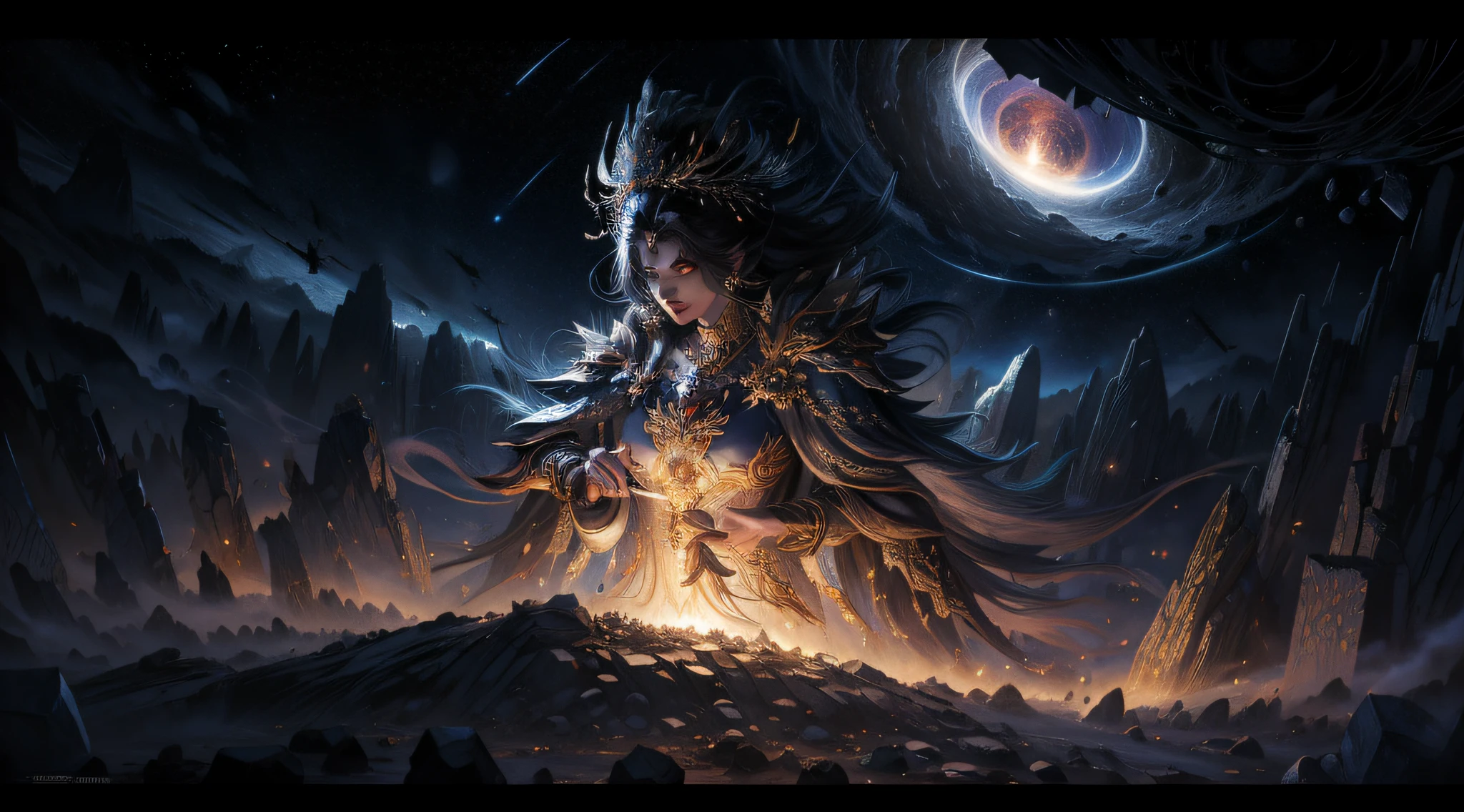Zoom in on a goddess, she's beautiful and resplendent, her regal demeanor exudes power and wisdom, adorned in armor decorated with intricate engravings and precious gems, standing at the edge of a celestial battlefield with stars colliding in the backdrop, wielding a celestial spear, her gaze is both fierce and compassionate, the environment showcases a cosmic clash of forces, blending light and darkness, conveying a sense of epic cosmic conflict, 3D Artwork, rendered with high-definition textures and dynamic lighting effects
