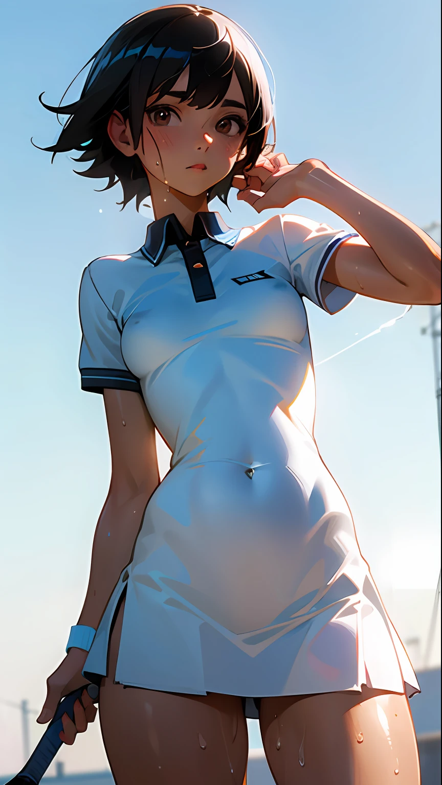 1girl, solo, white polo shirt, white sneakers, tennis wear, white miniskirt, masterpiece, best quality, realistic, hyper-detailed, (shiny skin, sweaty:1.4), absurd, looking at viewer, short black hair, brown eyes, slender, dynamic lighting, high resolution, sharp focus, depth of field, detailed eyes, sharp pupils, realistic pupils, (small breasts:1.6), (thick thighs:1.0), outdoor, sky --auto