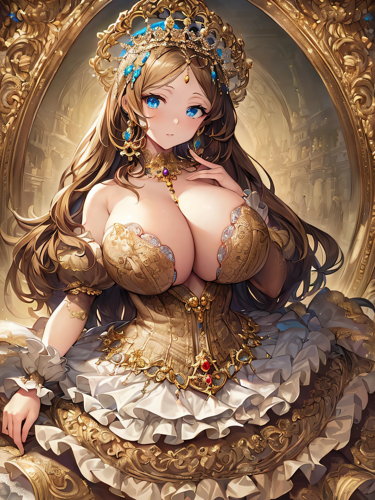 ((anime artstyle)),(Masterpiece),(Best Quality), (Super Detail),((Very Delicate and Beautiful)),((Solo)),((full body)),((1 princess in gorgeousfull rococo dress)),detailed face and eyes,jewel-like eyes,((voluminous Very Long Straight Hair)),((gigantic tits,Long tits)),curvy,skindentation,((gorgeousfull embroidery and lace)),gorgeous corsage,See-through,gorgeousfull hair ornament,gorgeousfull glitter jeweled tiara,ornate ruffles,((full body)),((hoop skirt,crinoline)),Dynamic Angle,Looking at viewer,(((gorgeous embroidery gorgeousfull rococo dress)),full body