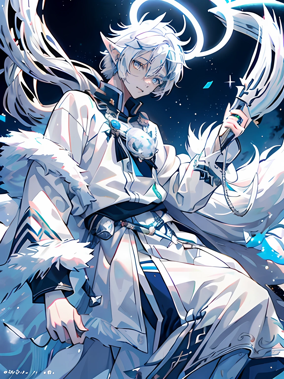 (((Young, Light-skinned boy, STRAIGHT WHITE HAIR, 18 years old)))), He was dressed in white，Grey decorations and details，There are wolf ears,blue color eyes  ((((Go against the wind, White Wolf Elf, Blue magic halo))))，Masterpiece