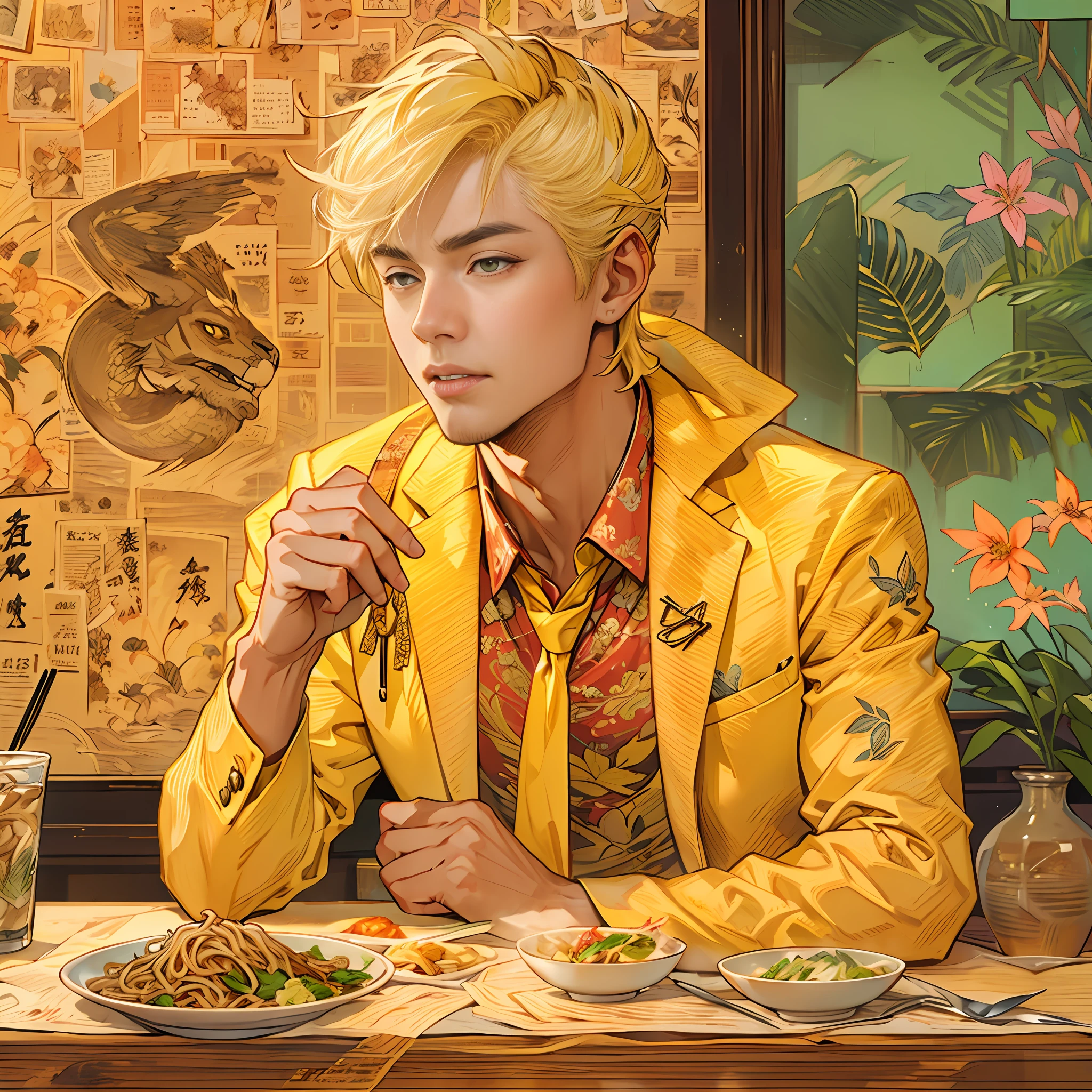 A handsome yellow-haired young man in a yellow suit，Sitting at the table, I couldn't wait to look at the beef noodles in front of me ,in the style of the stars art group xing xing, 32K, Best quality, Masterpiece, Super detail, High details,