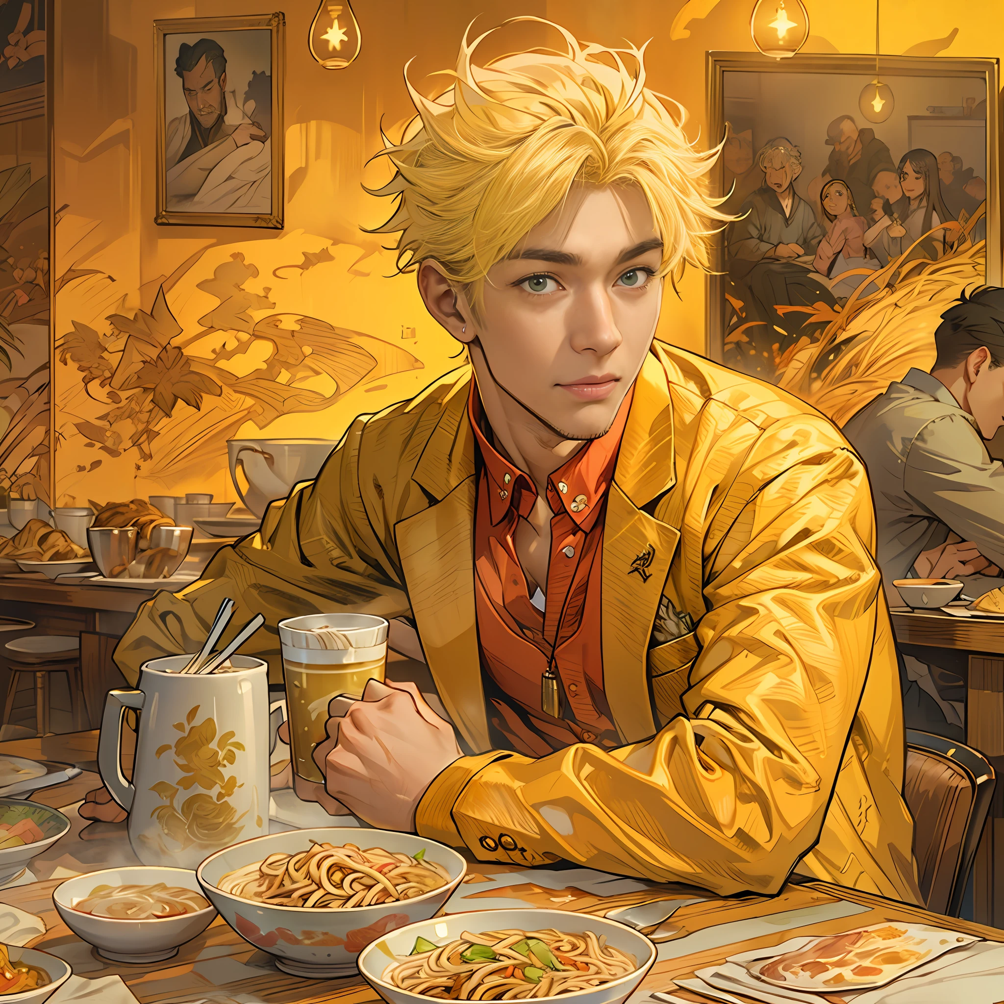 A handsome yellow-haired young man in a yellow suit,Sitting at the table, I couldn't wait to look at the beef noodles in front of me ,in the style of the stars art group xing xing, 32K, Best quality, Masterpiece, Super detail, High details,