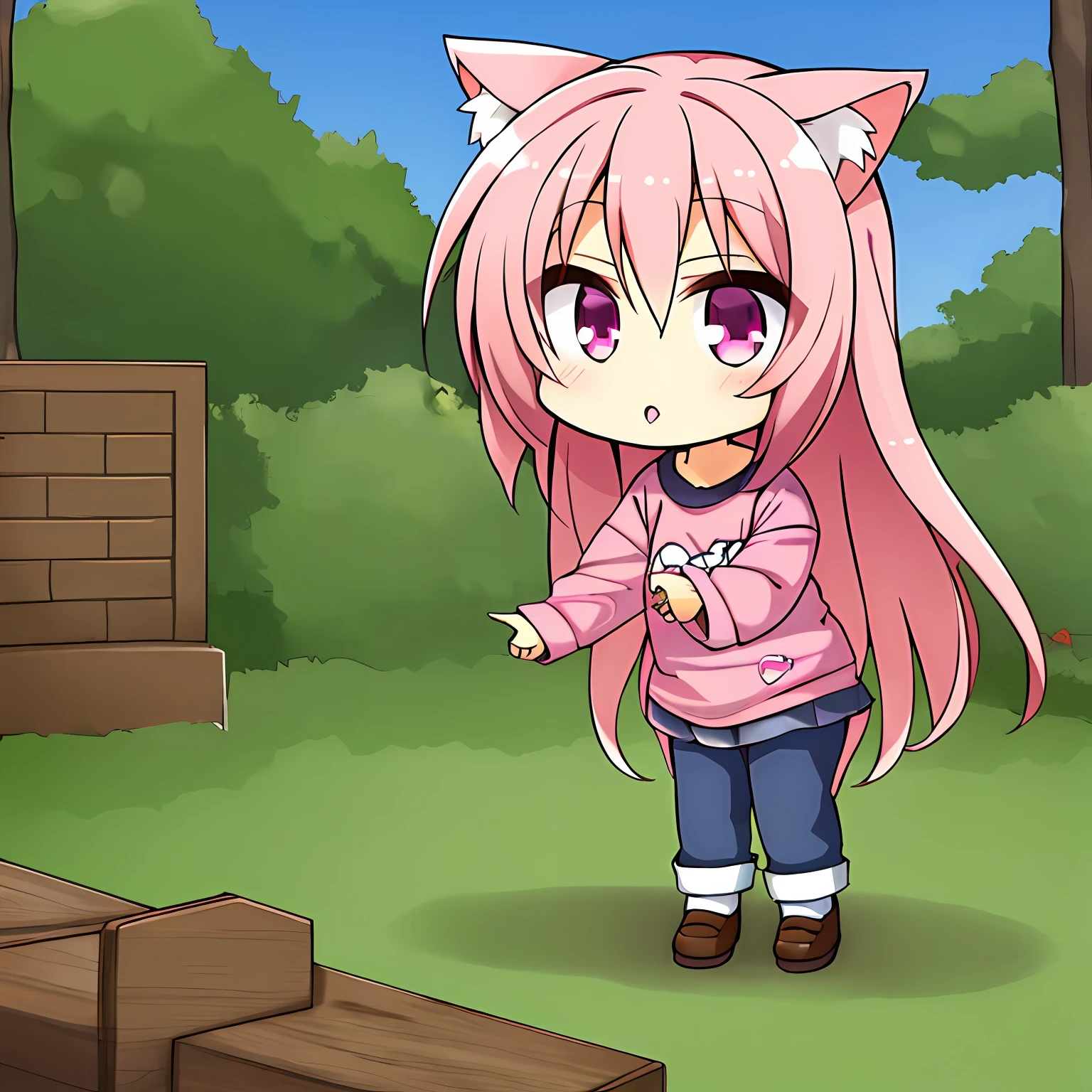 (best quality), (masterpieace),  1girl,  chibi,  girl, pink eyes, , pink hair, cat ears, and shirt pink