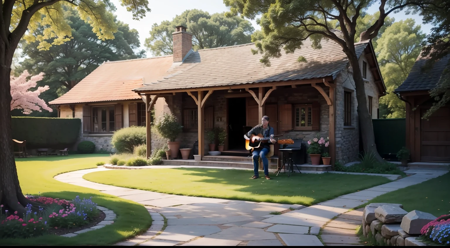 Outside in an open-air farmhouse yard，There is a large tree in the middle of the yard，The floor is covered with stone tiles，The corners of the walls are full of flowers，Wooden door，The red brick wall climbed some greenery，There is a guitar man in front of the big tree，And a man who beats a drum kit，At the front is the person who sings，Three spectators were clapping and watching