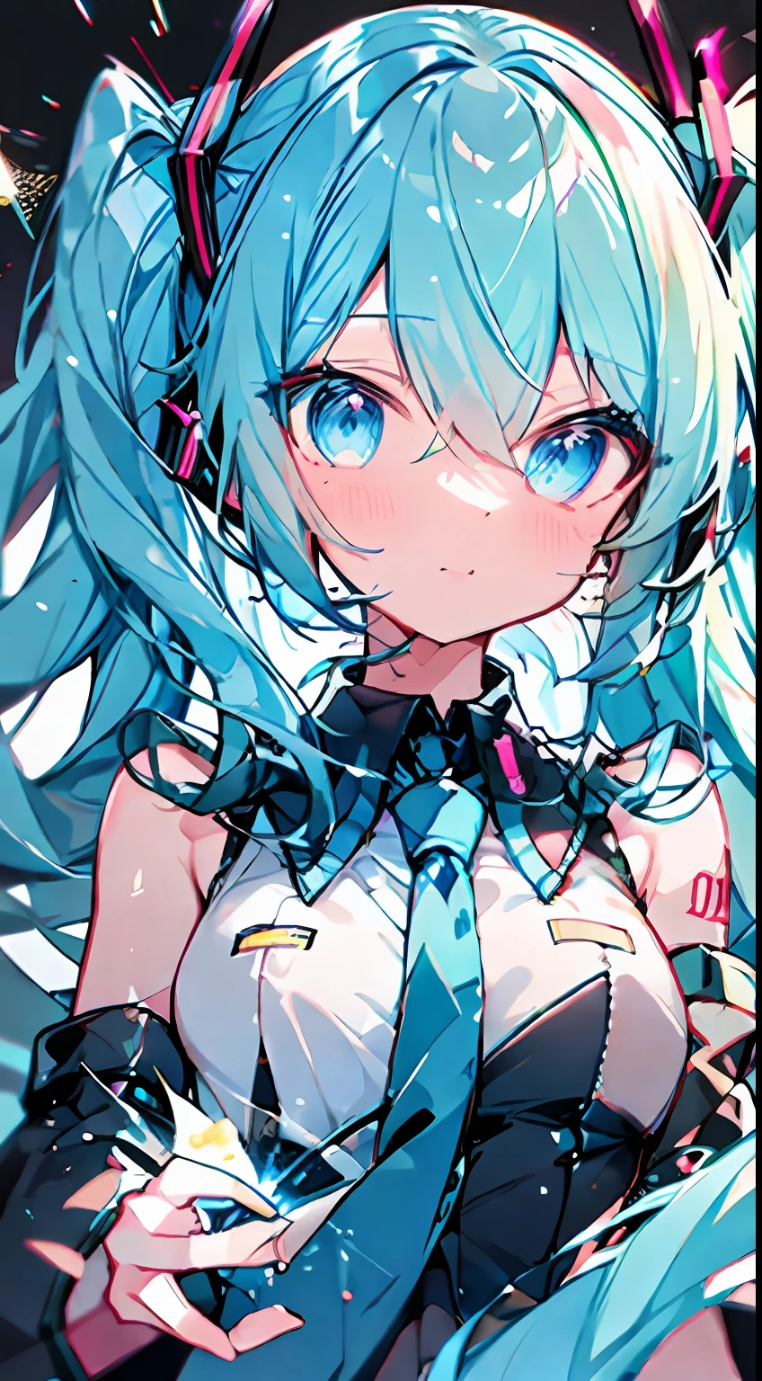 --ar 2:3 , Pixiv masterpiece::1.5 ,Anime style,Best Quality,Super detailed beautiful , Collar, Shirts,neck tie,,Cute Girl,Blue eyes,Long hair,Floating hair,detaileds,Round eyes,light Particle,White hair,Hatsune Miku,glitch effect, Geometric pattern,Symbol Particles,Face Focus,Super detailed beautiful eyes,Luminous Eyes,shiny eyes,Potato,Black background,