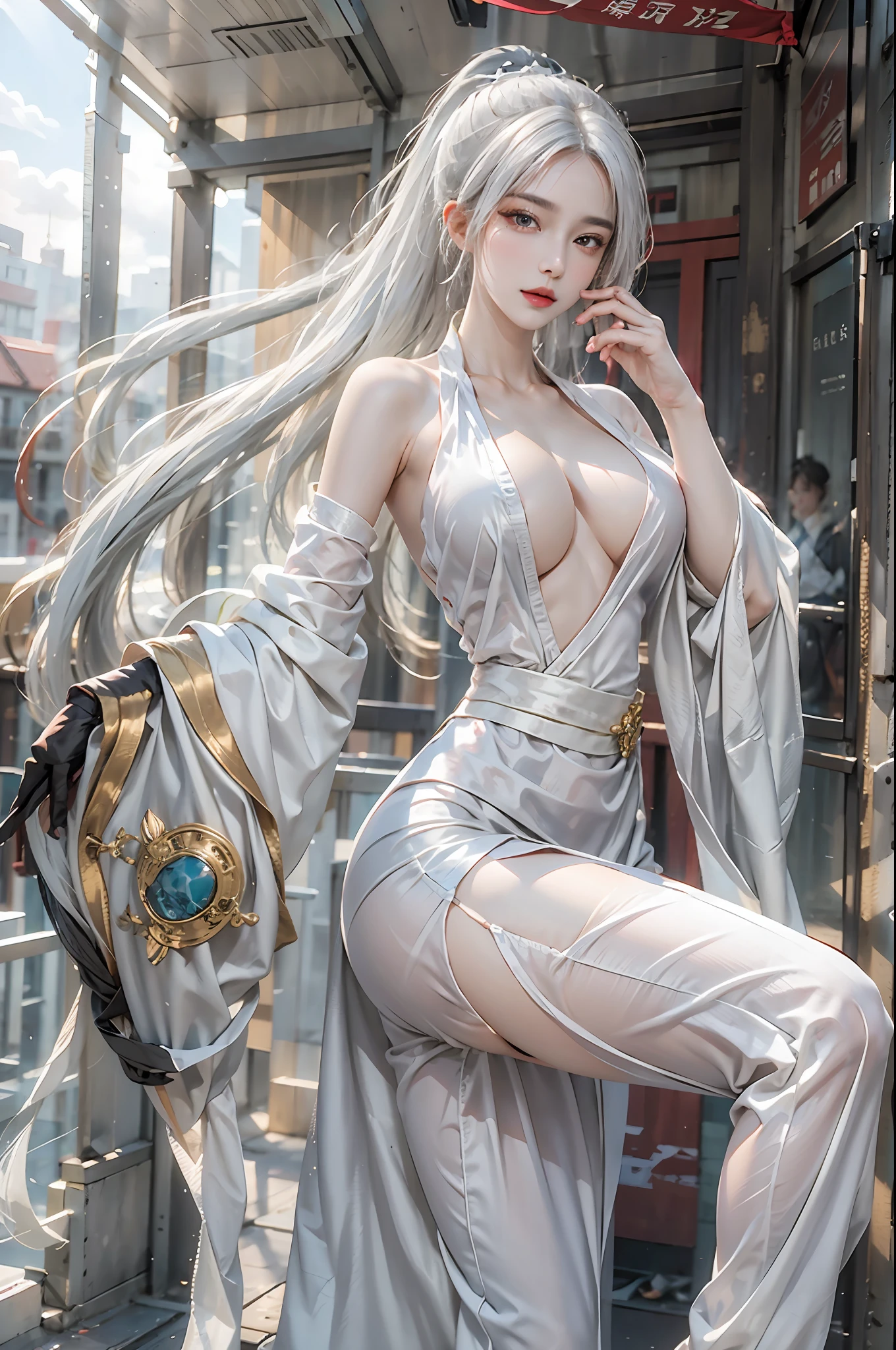 photorealistic, high resolution, 1women, solo, hips up, look at viewer, (detailed face), white hair, long hair, shiranui_mai_suit, pelvic curtain,hand fan, huowu